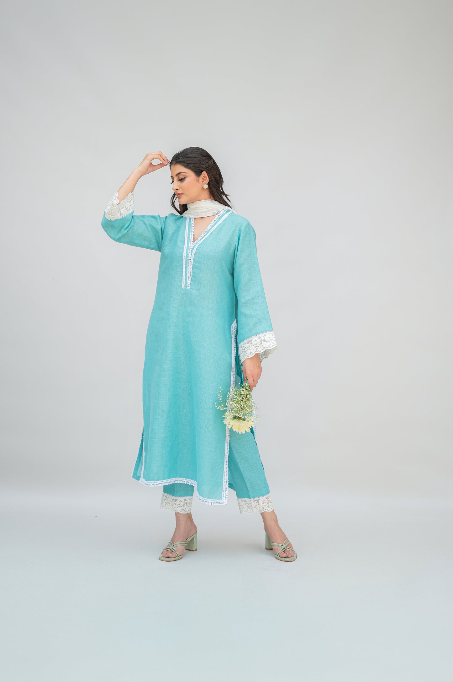 Aqua Blue Linen Suit with Ombre Dupatta