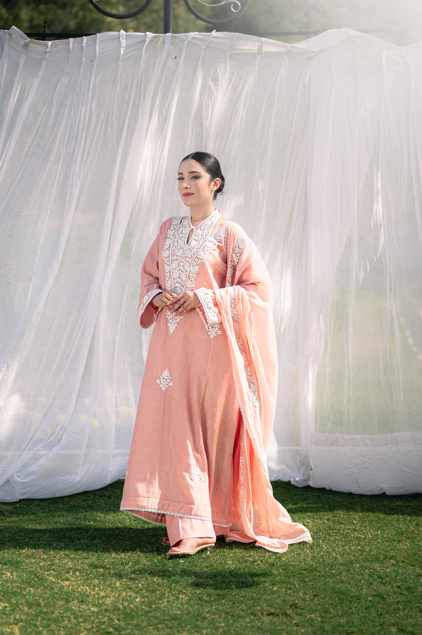Pastel pink silk chanderi suit with aari embroidery