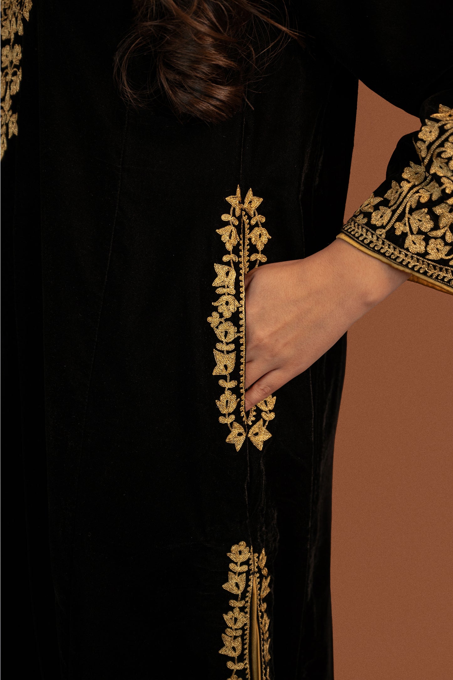 Black velvet cutwork aari tilla suit