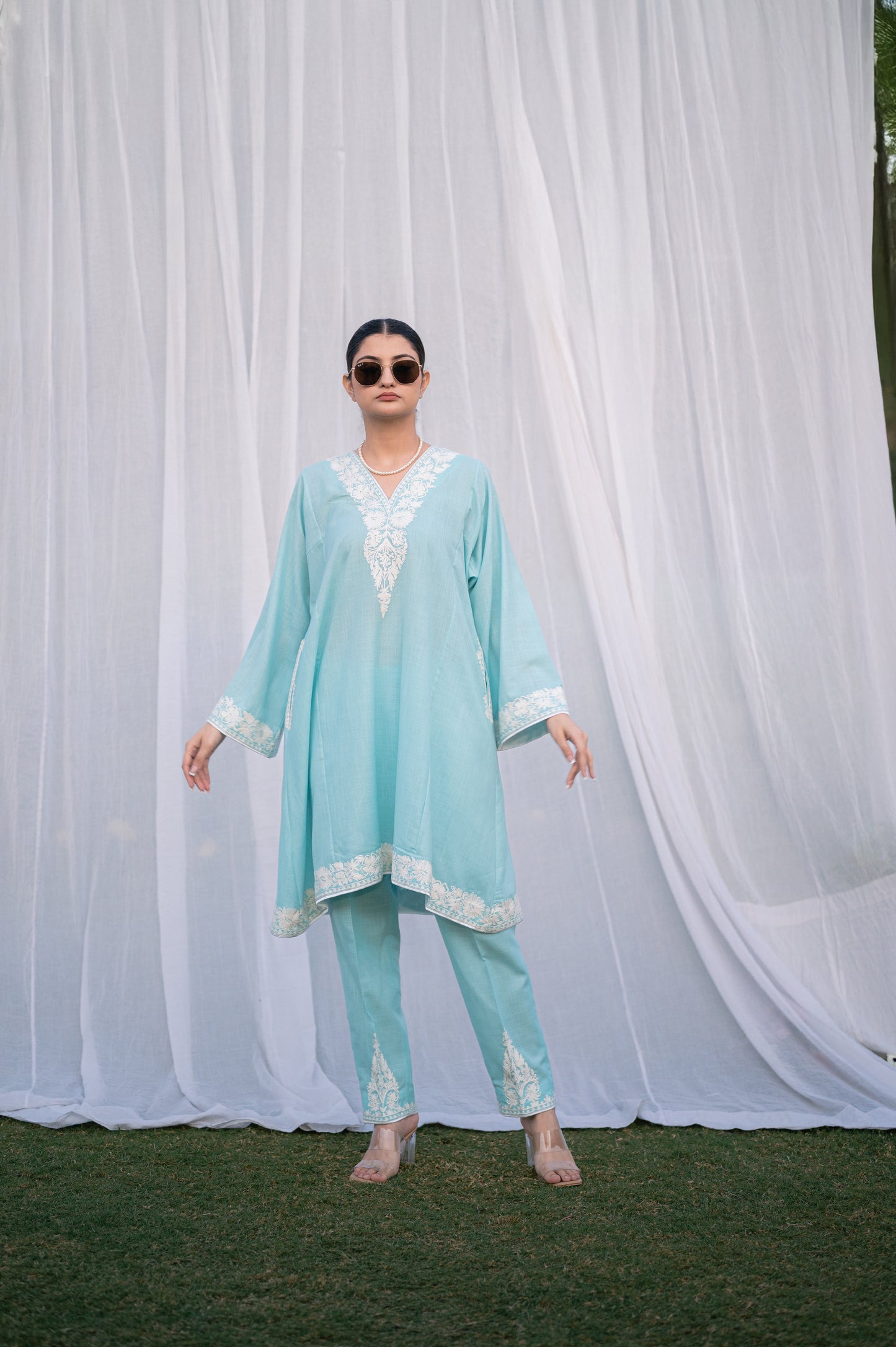 Sky blue cotton phiran set