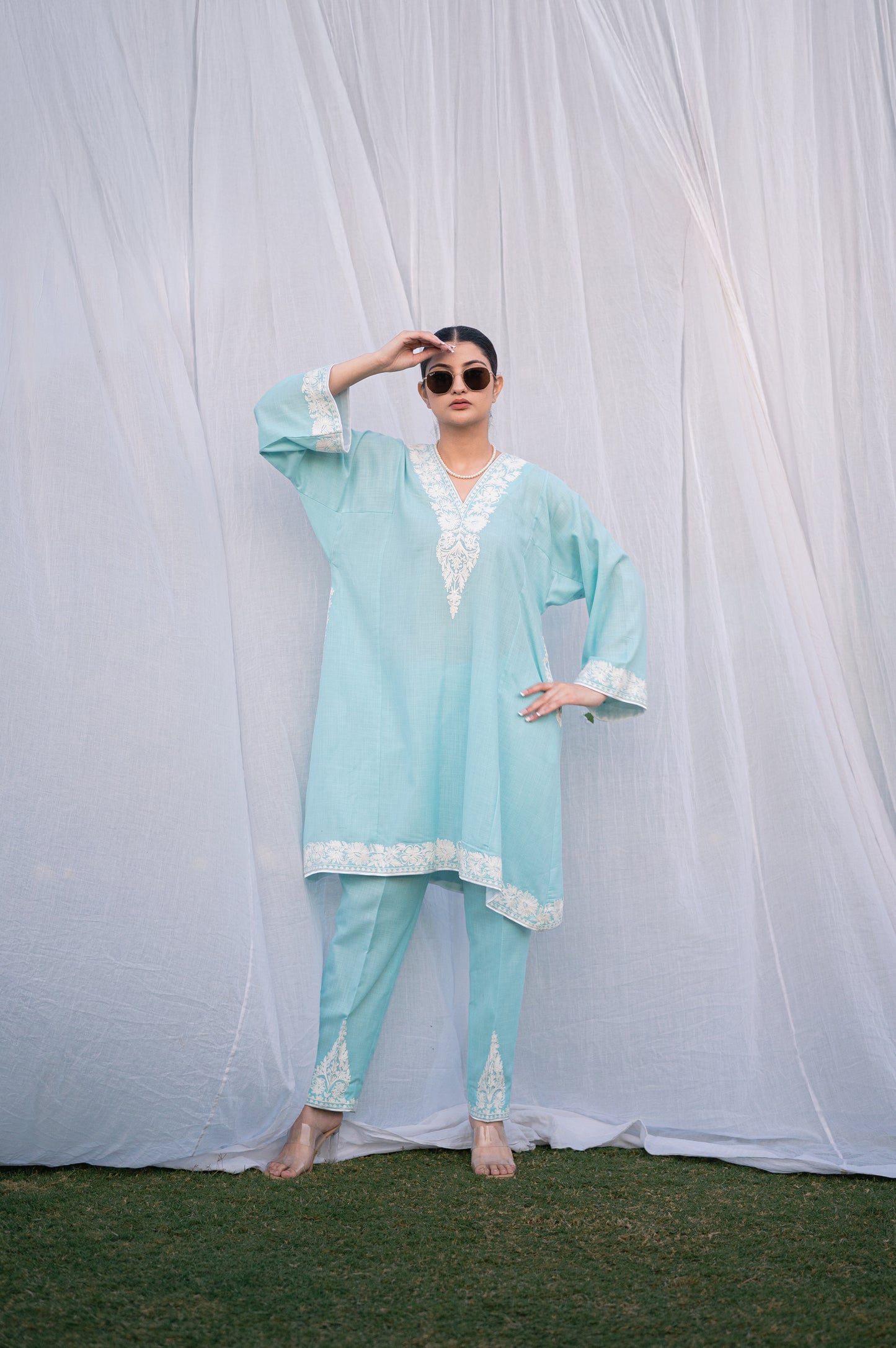 Sky blue cotton phiran set