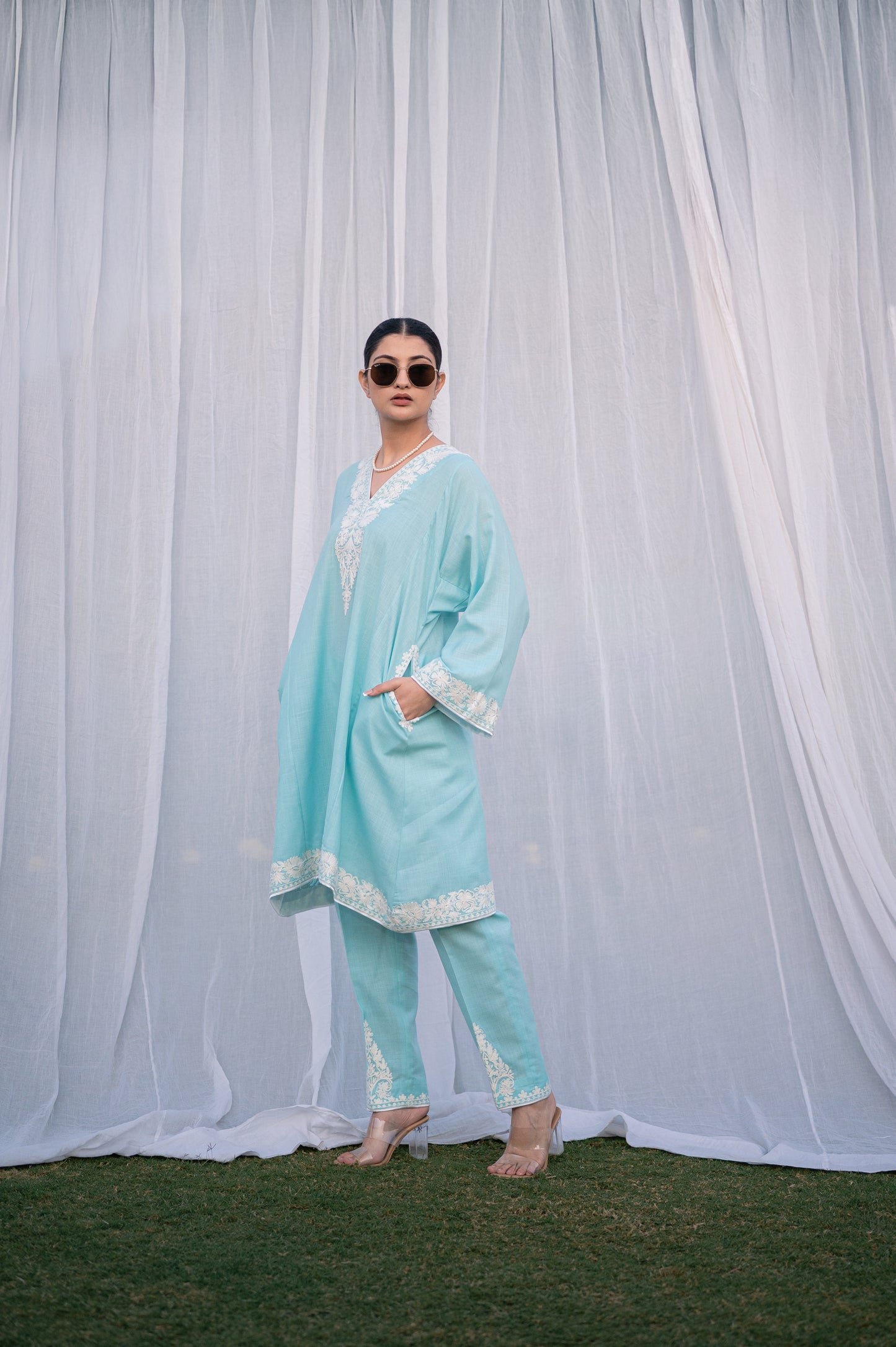 Sky blue cotton phiran set