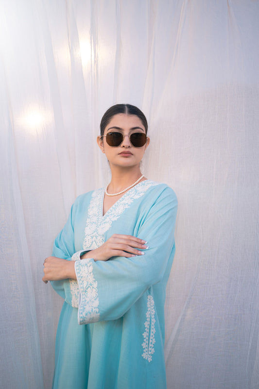 Sky blue cotton phiran set