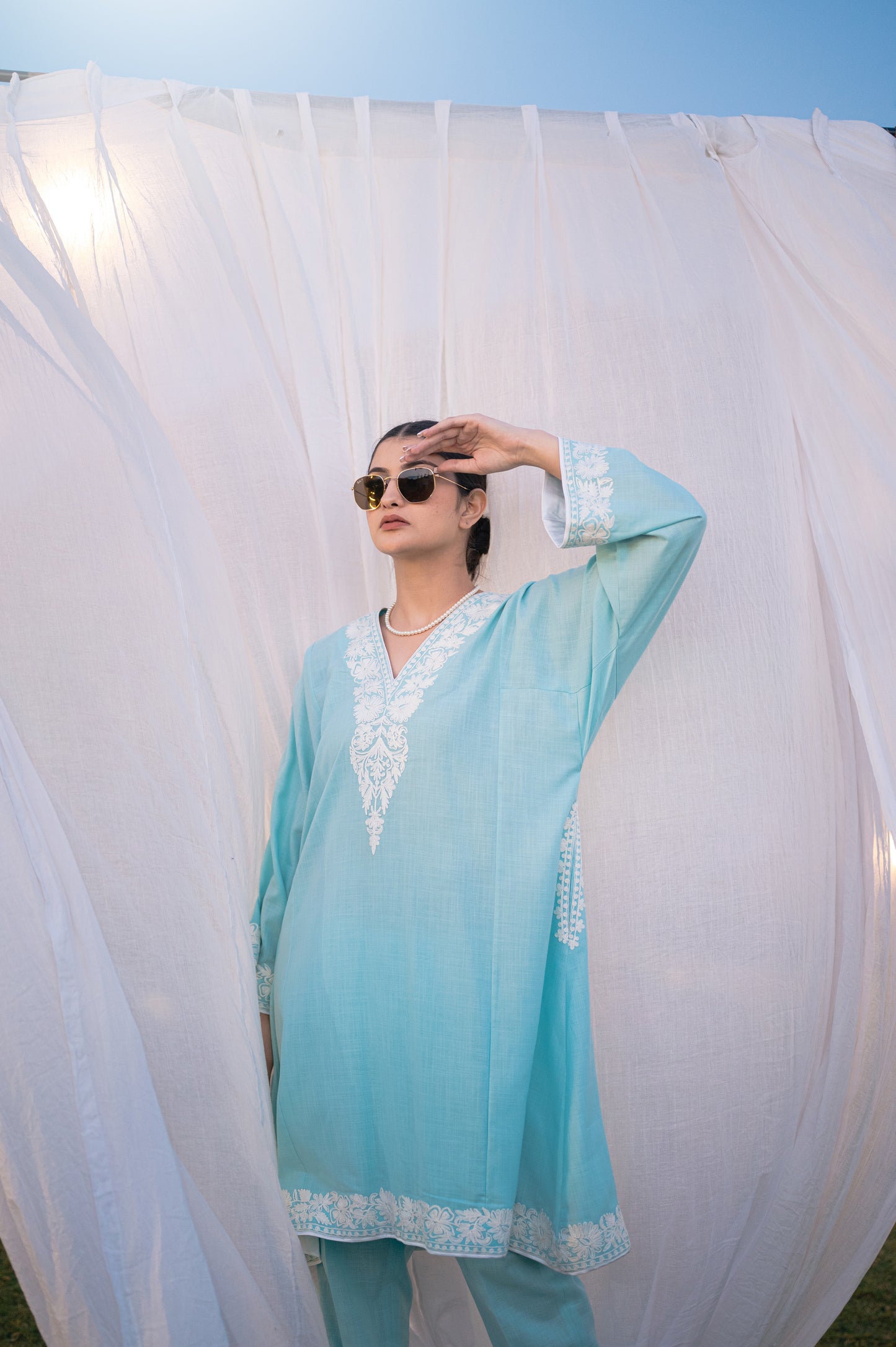 Sky blue cotton phiran set