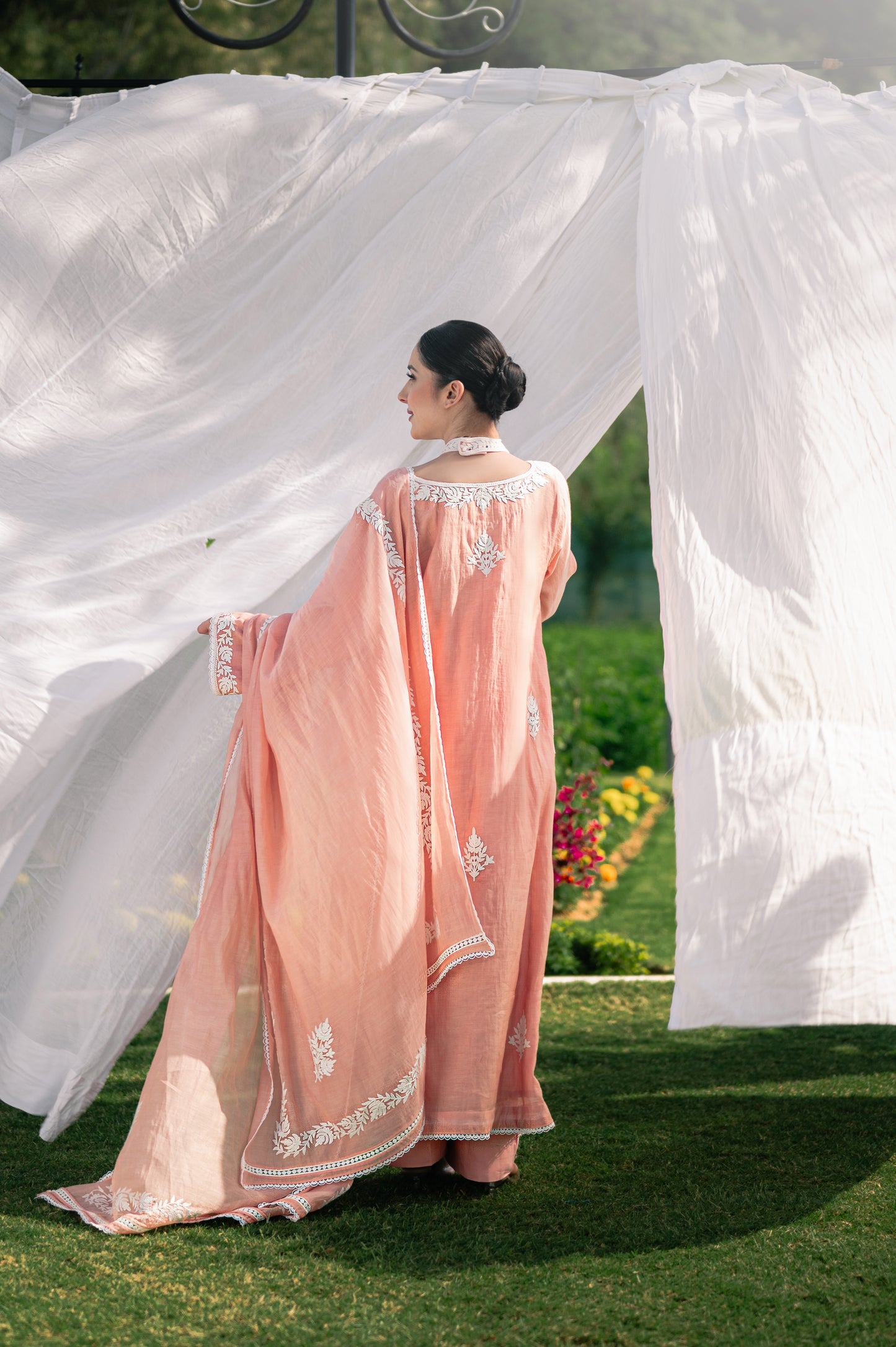 Pastel pink silk chanderi suit with aari embroidery