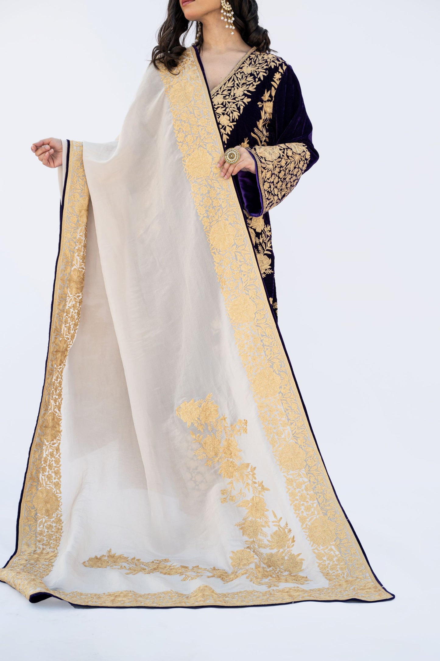 Dark purple velvet aari heavy suit with tissue dupatta