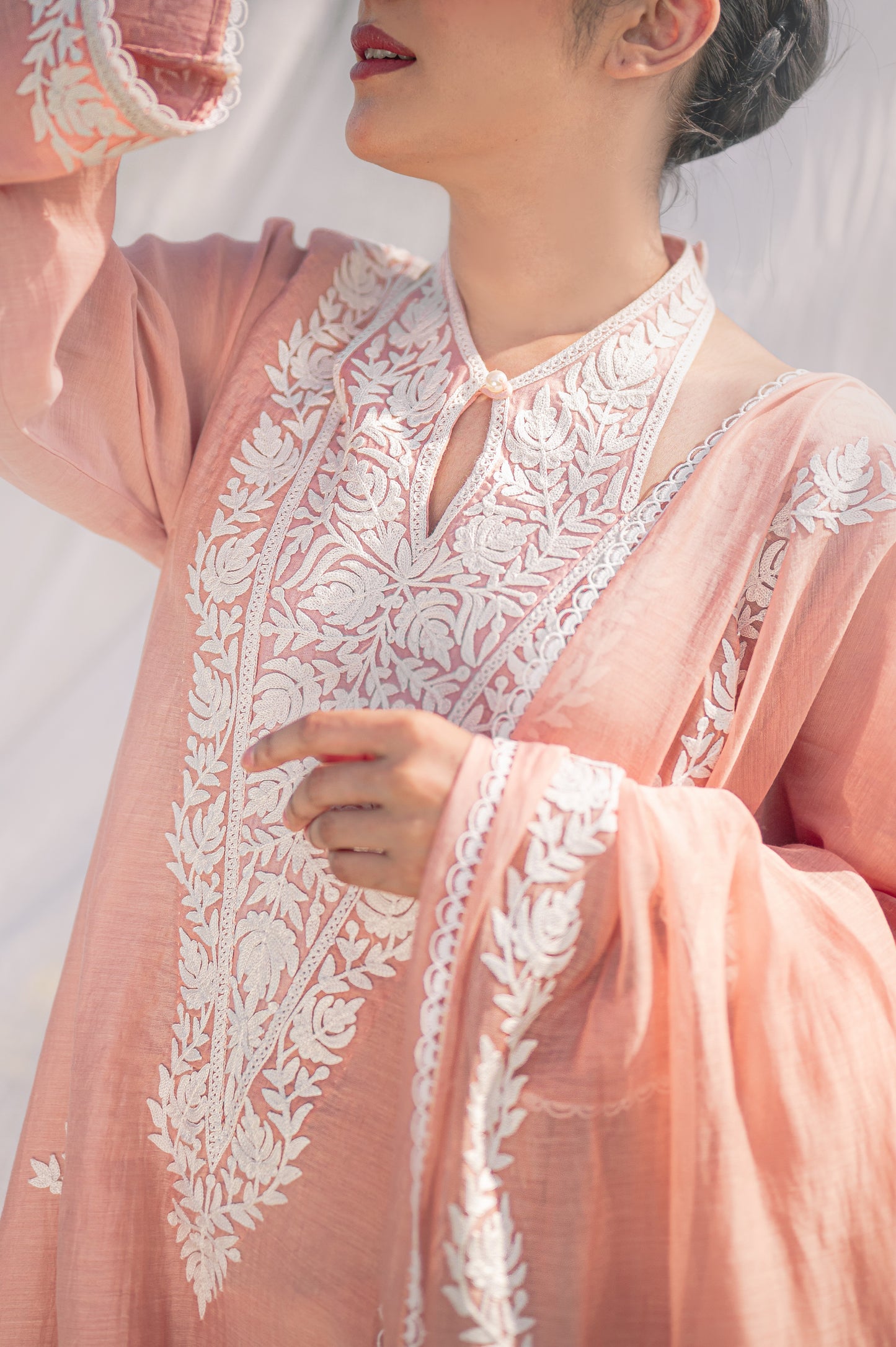 Pastel pink silk chanderi suit with aari embroidery