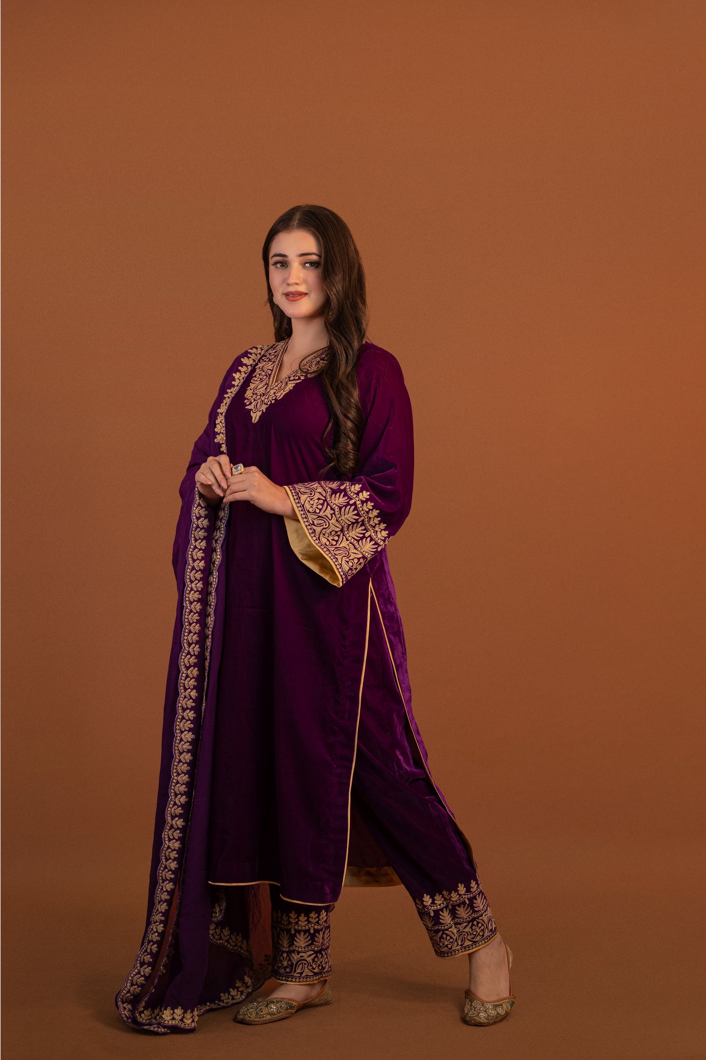Purple velvet aari tilla suit