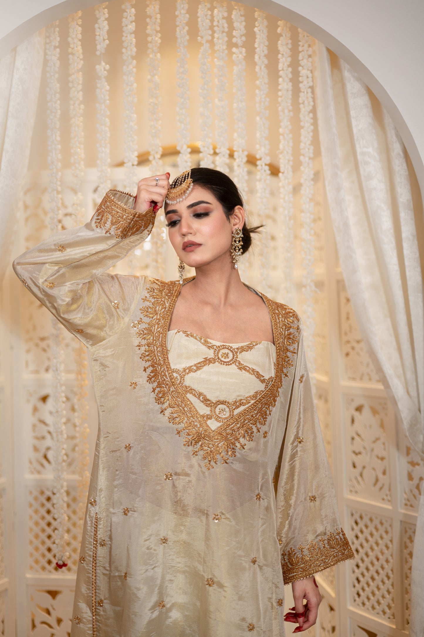 Off White Satin Tissue Kurta Blouse Set
