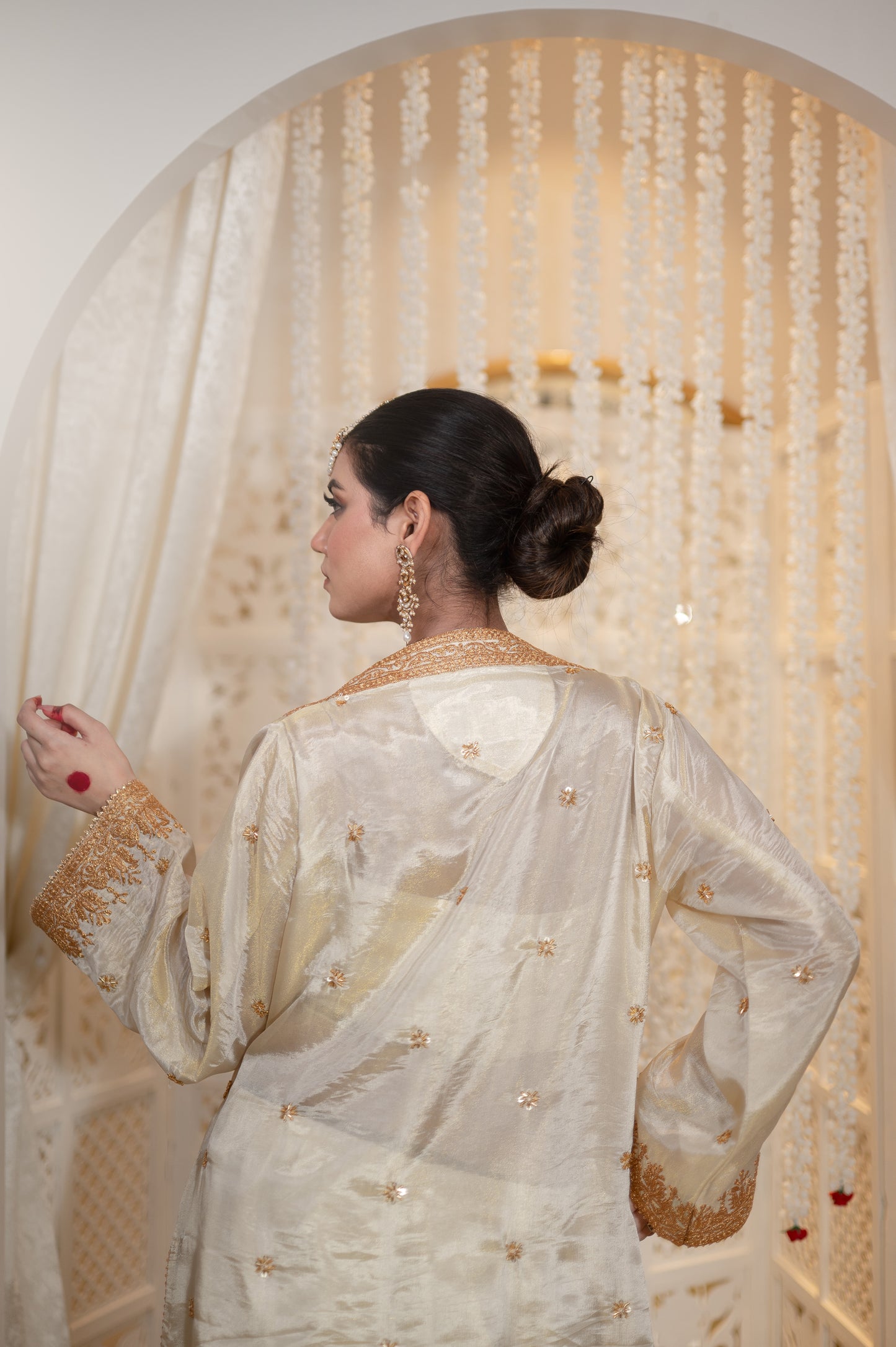 Off White Satin Tissue Kurta Blouse Set
