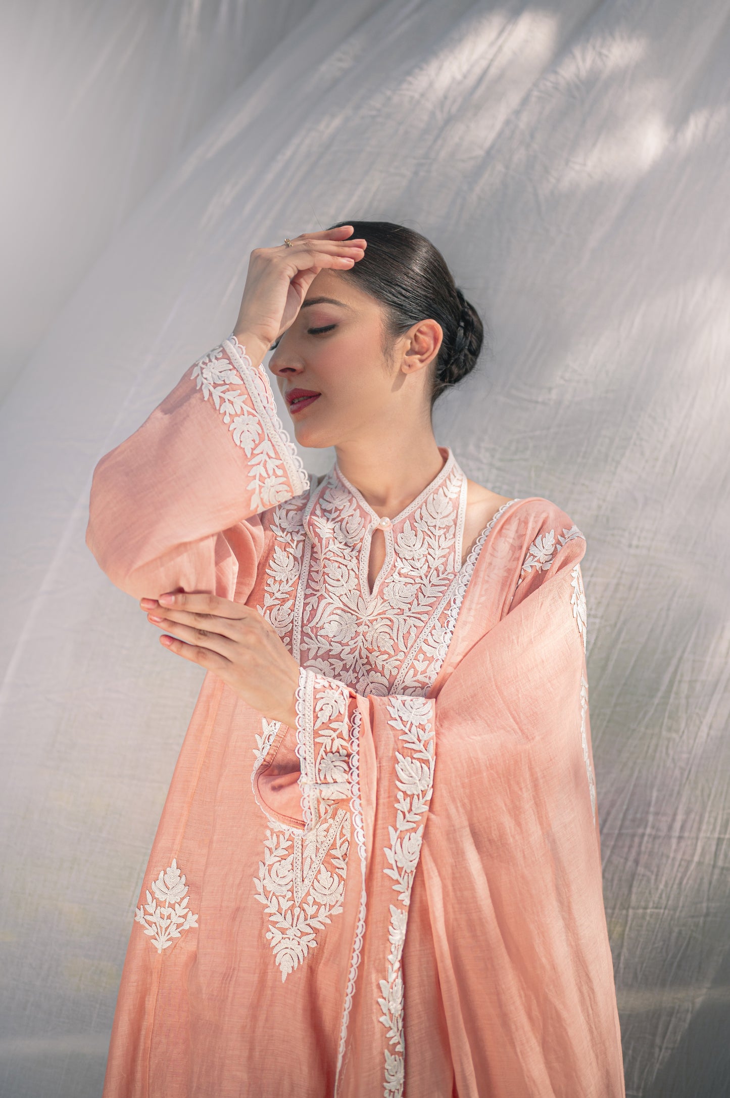 Pastel pink silk chanderi suit with aari embroidery