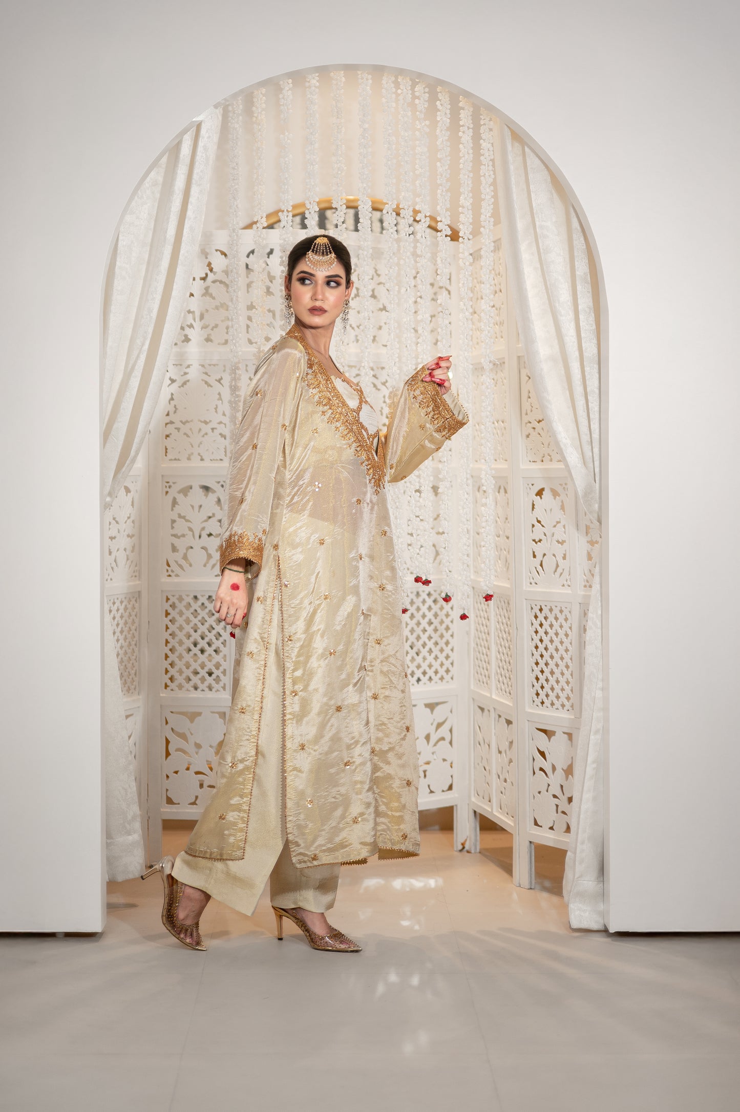 Off White Satin Tissue Kurta Blouse Set