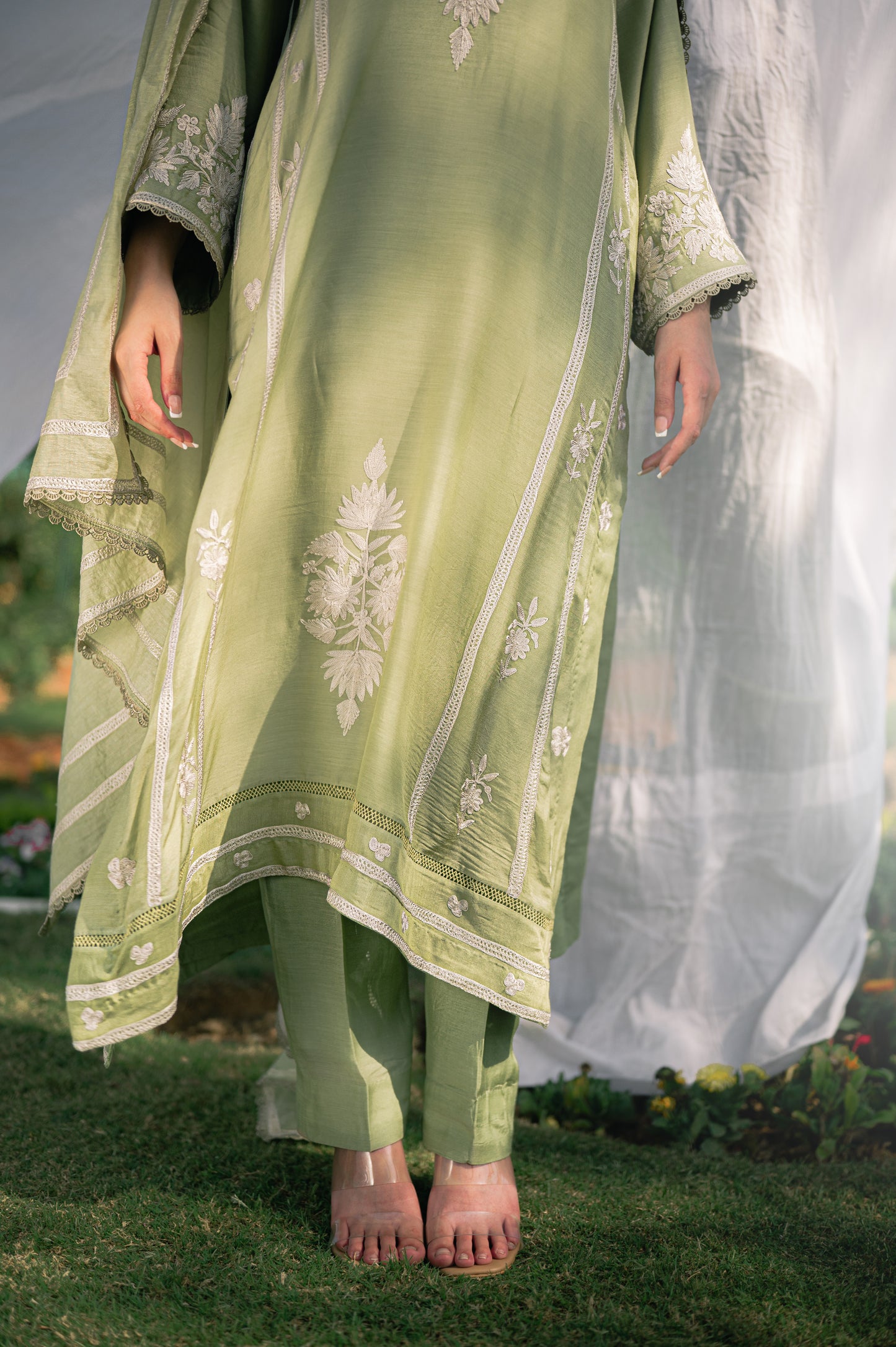 Mint green muslin suit with aari embroidery