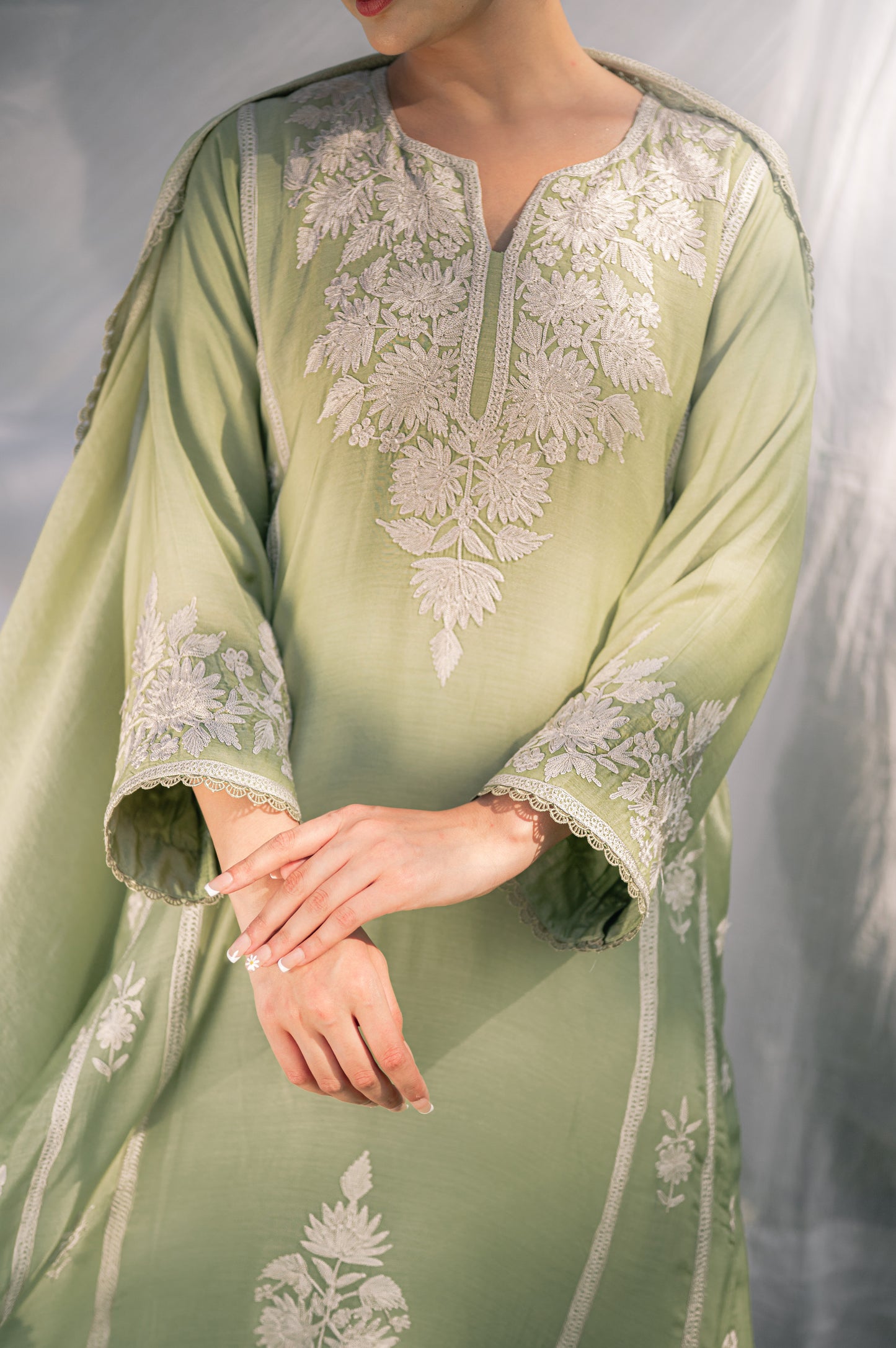 Mint green muslin suit with aari embroidery
