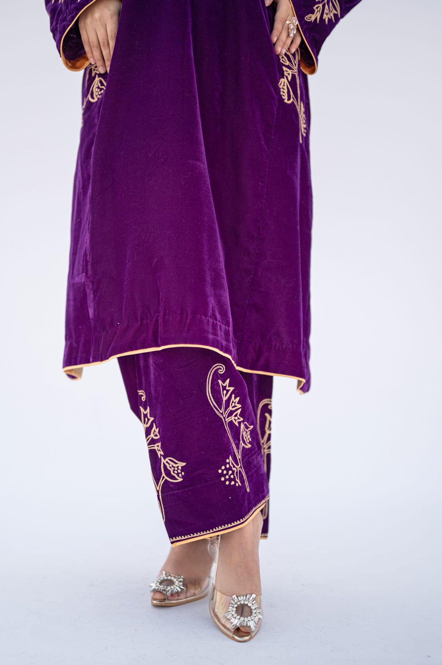 Purple velvet phiran set with farshi salwar