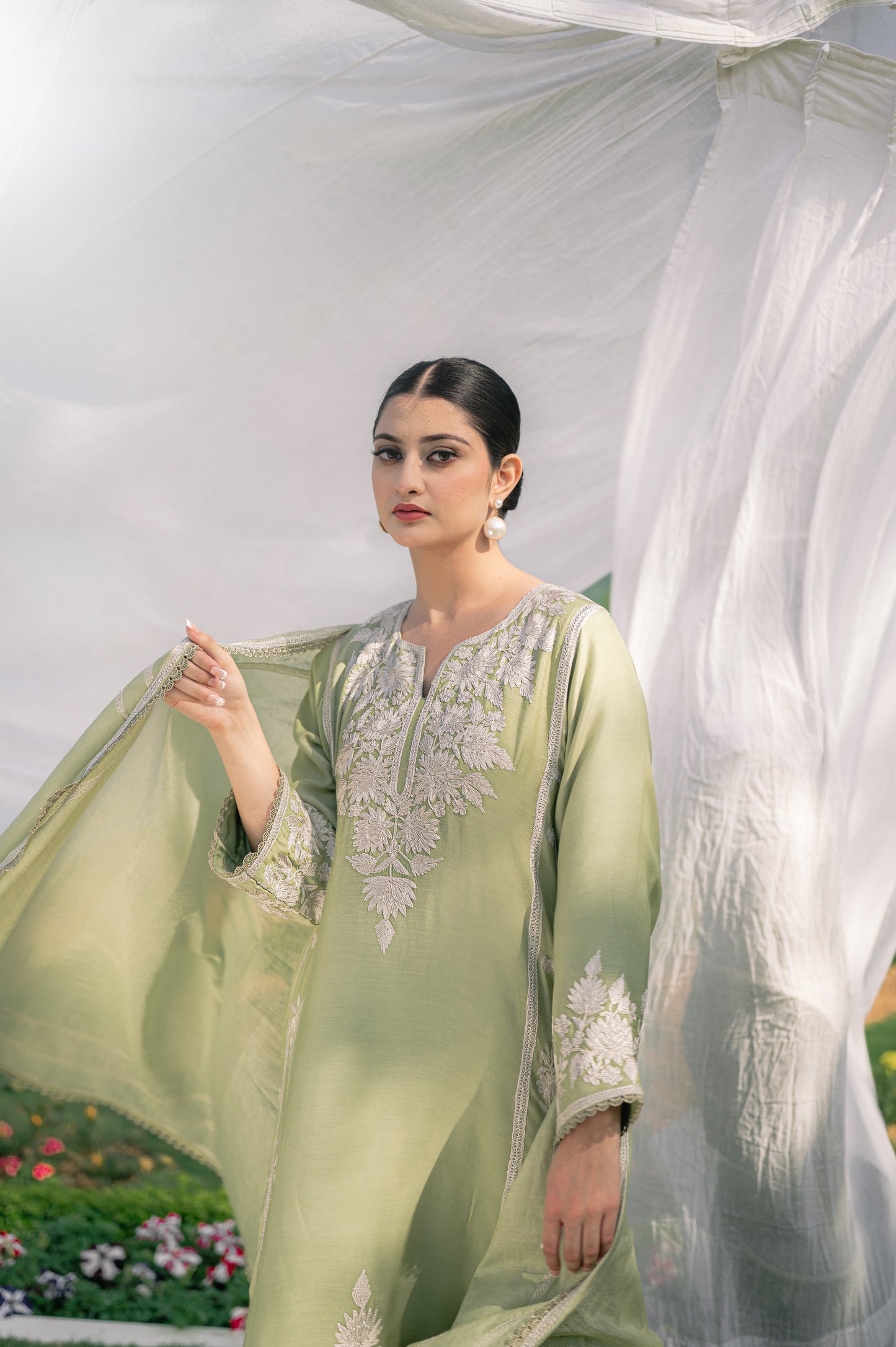 Mint green muslin suit with aari embroidery