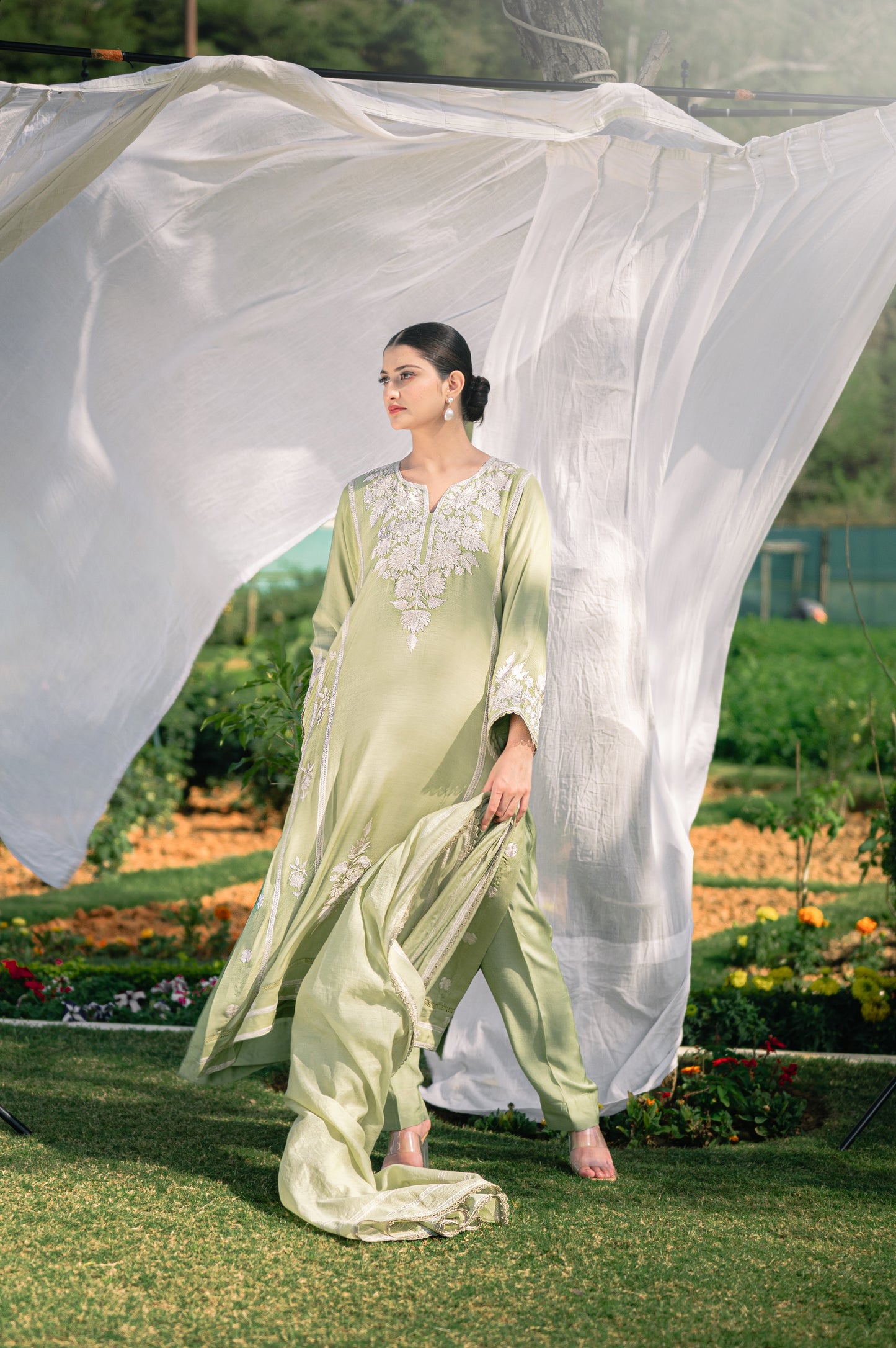 Mint green muslin suit with aari embroidery