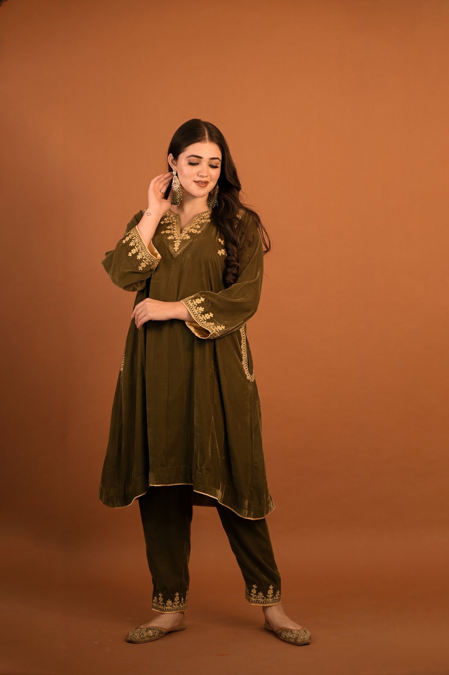 Olive Green Velvet Phiran Pant