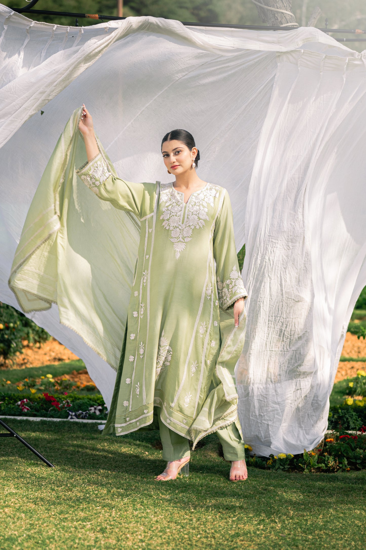 Mint green muslin suit with aari embroidery