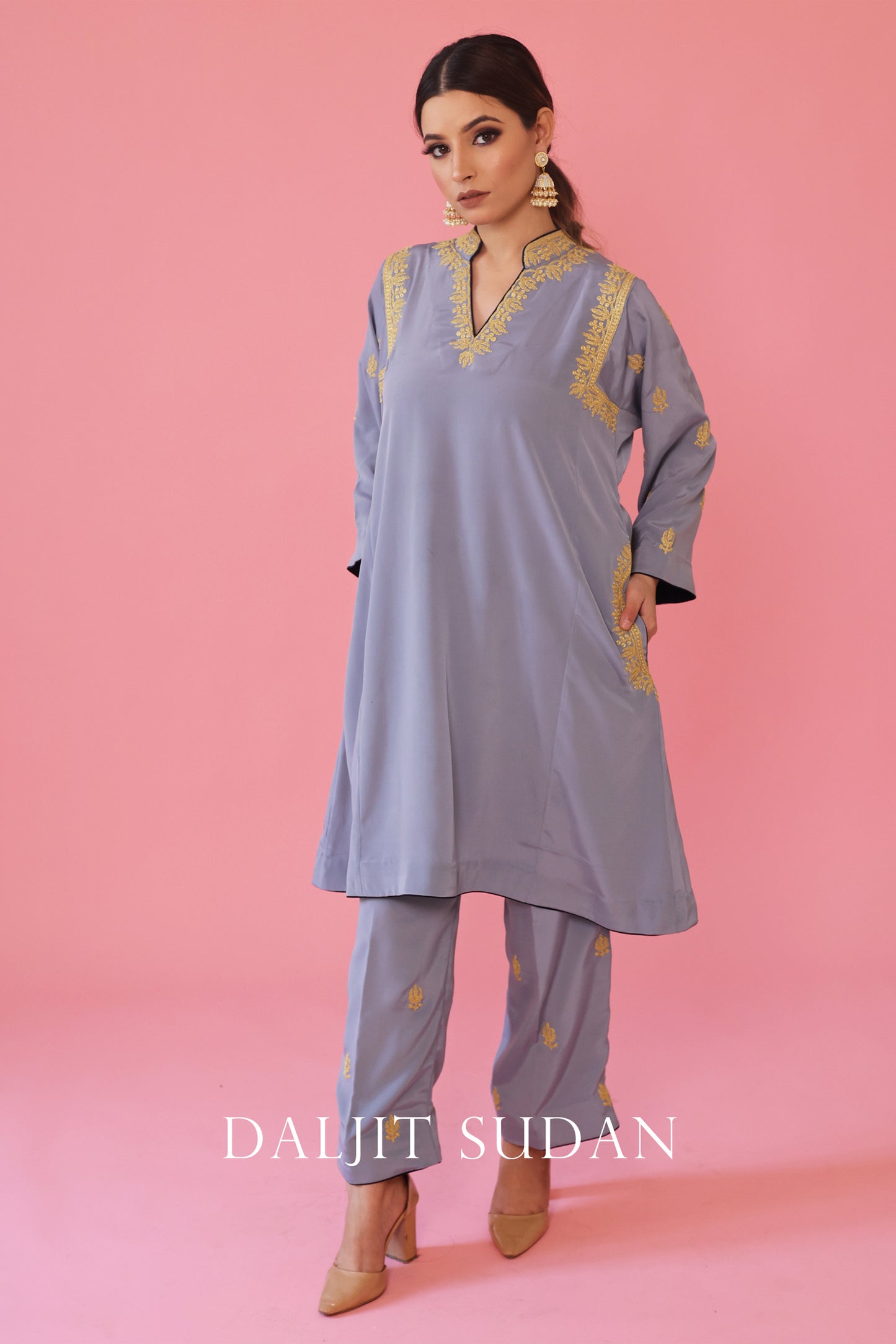 Blue Grey Shoulder Phiran Set