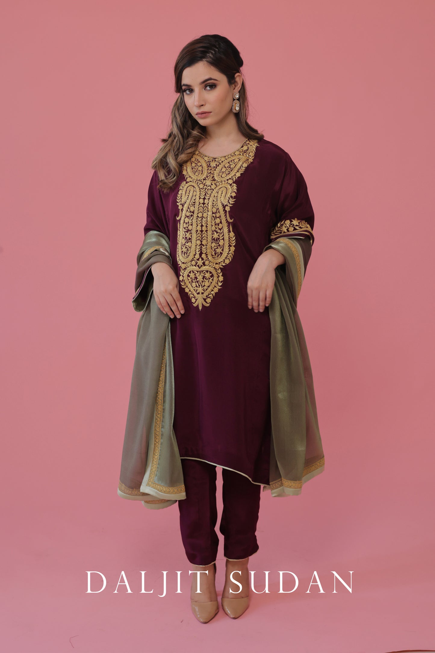Wine crepe phiran suit with tilla embroidery