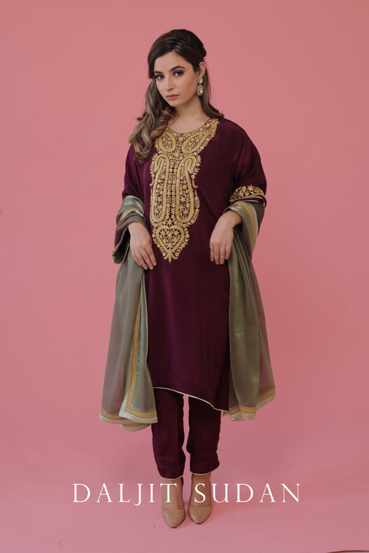 Wine crepe phiran suit with tilla embroidery