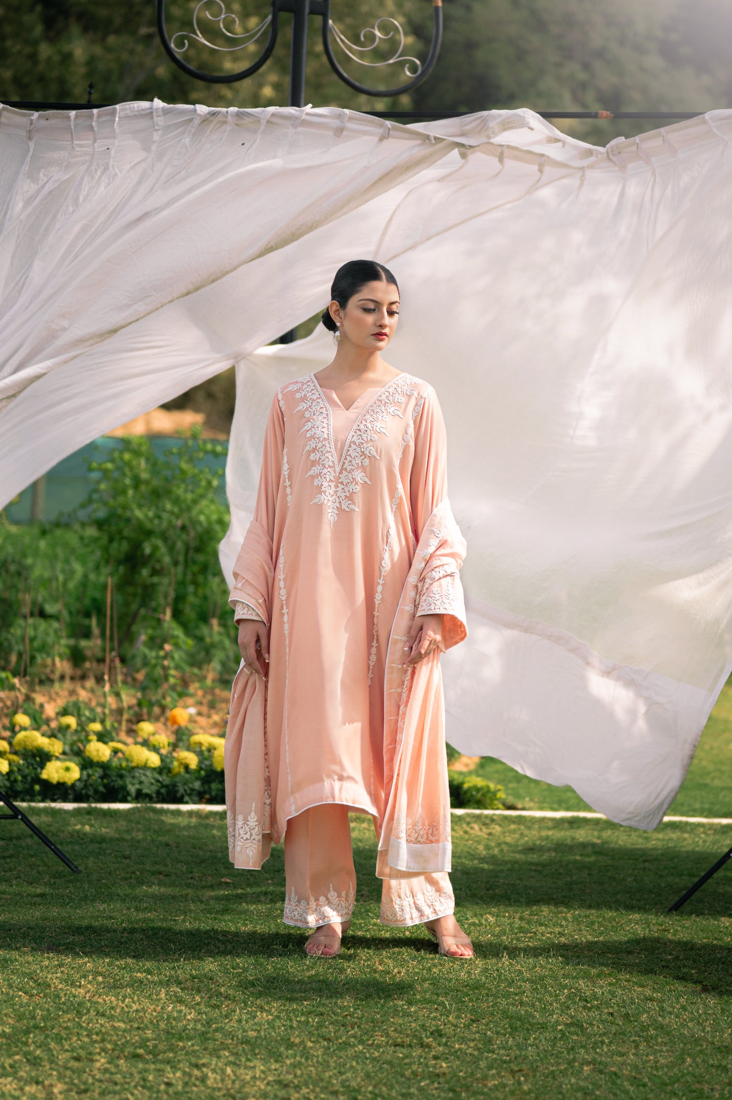 Light peach muslin suit with aari embroidery