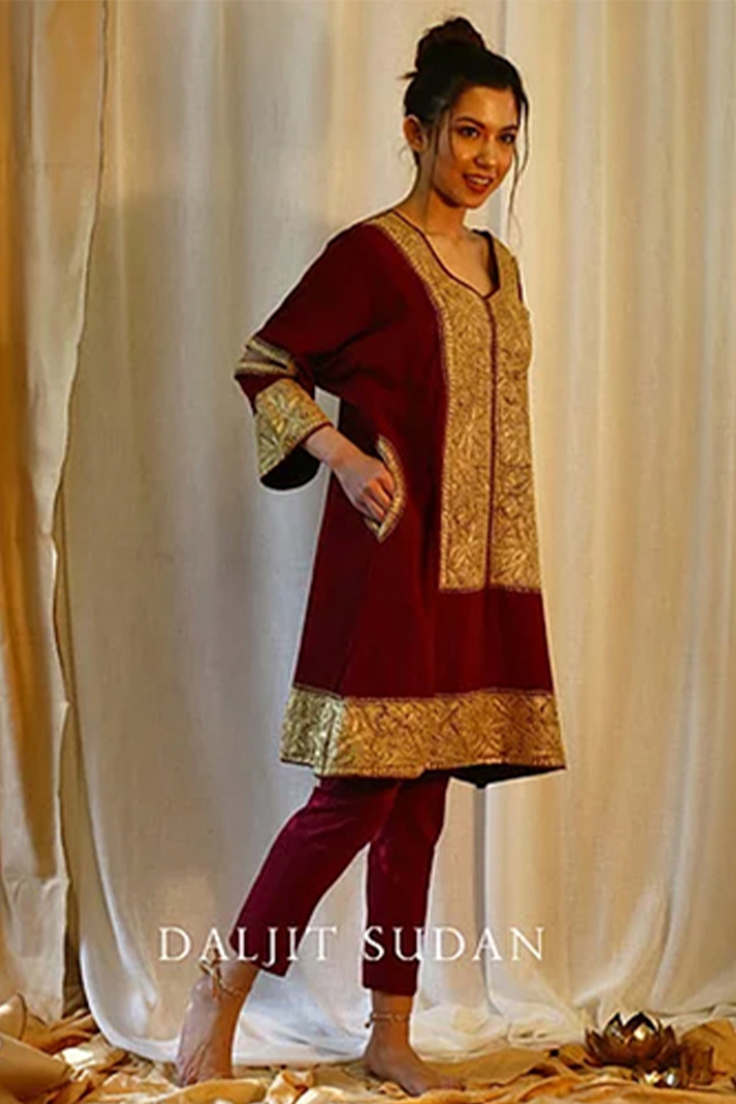 Maroon Crepe Long Neck Tilla Phiran Suit