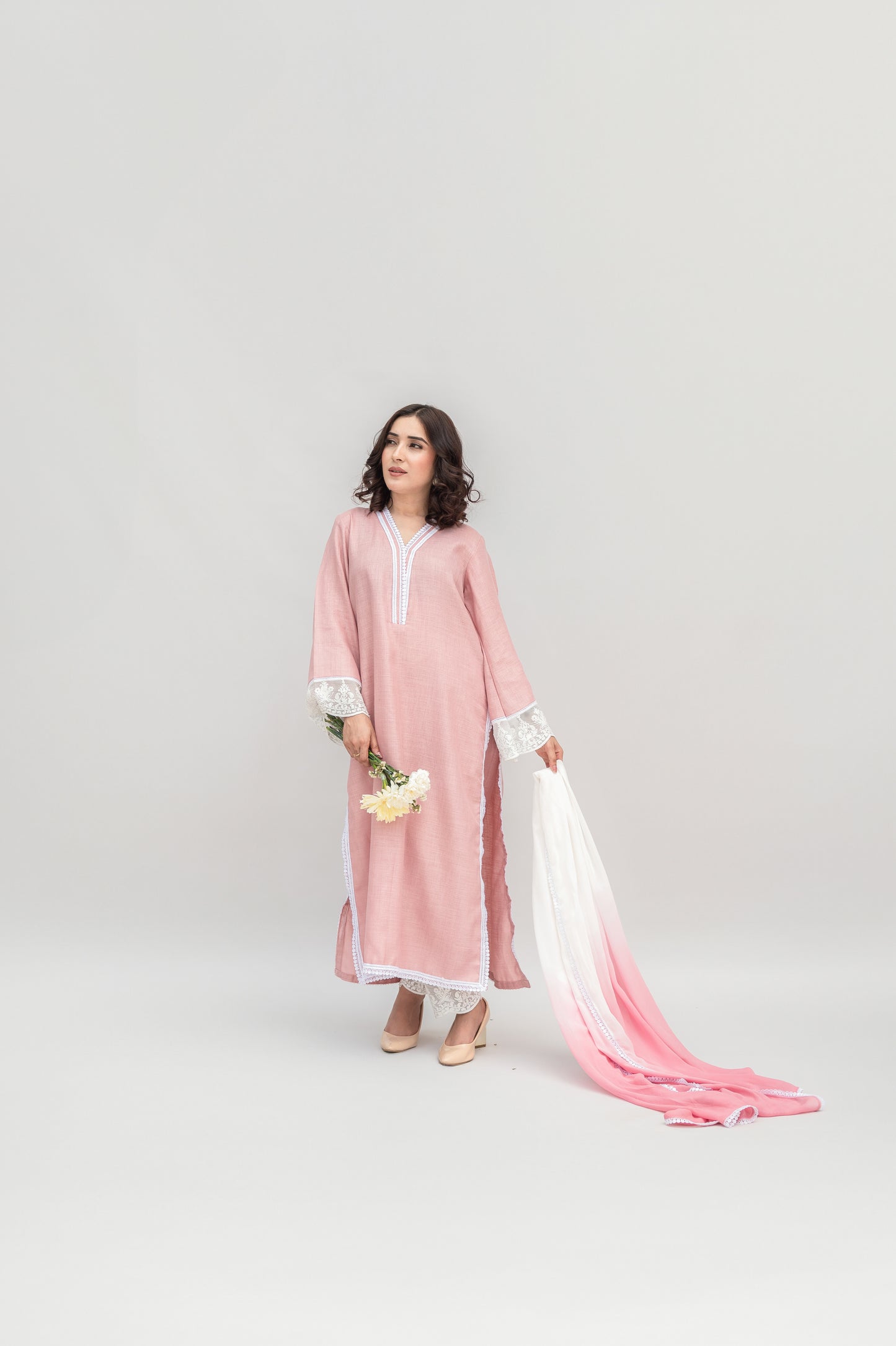 Powder Pink Linen Suit with Ombre Dupatta