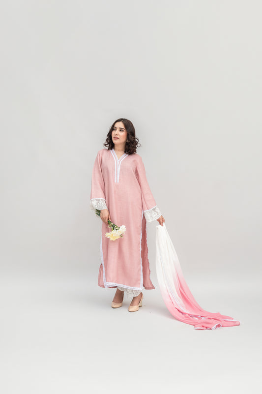 Powder Pink Linen Suit with Ombre Dupatta