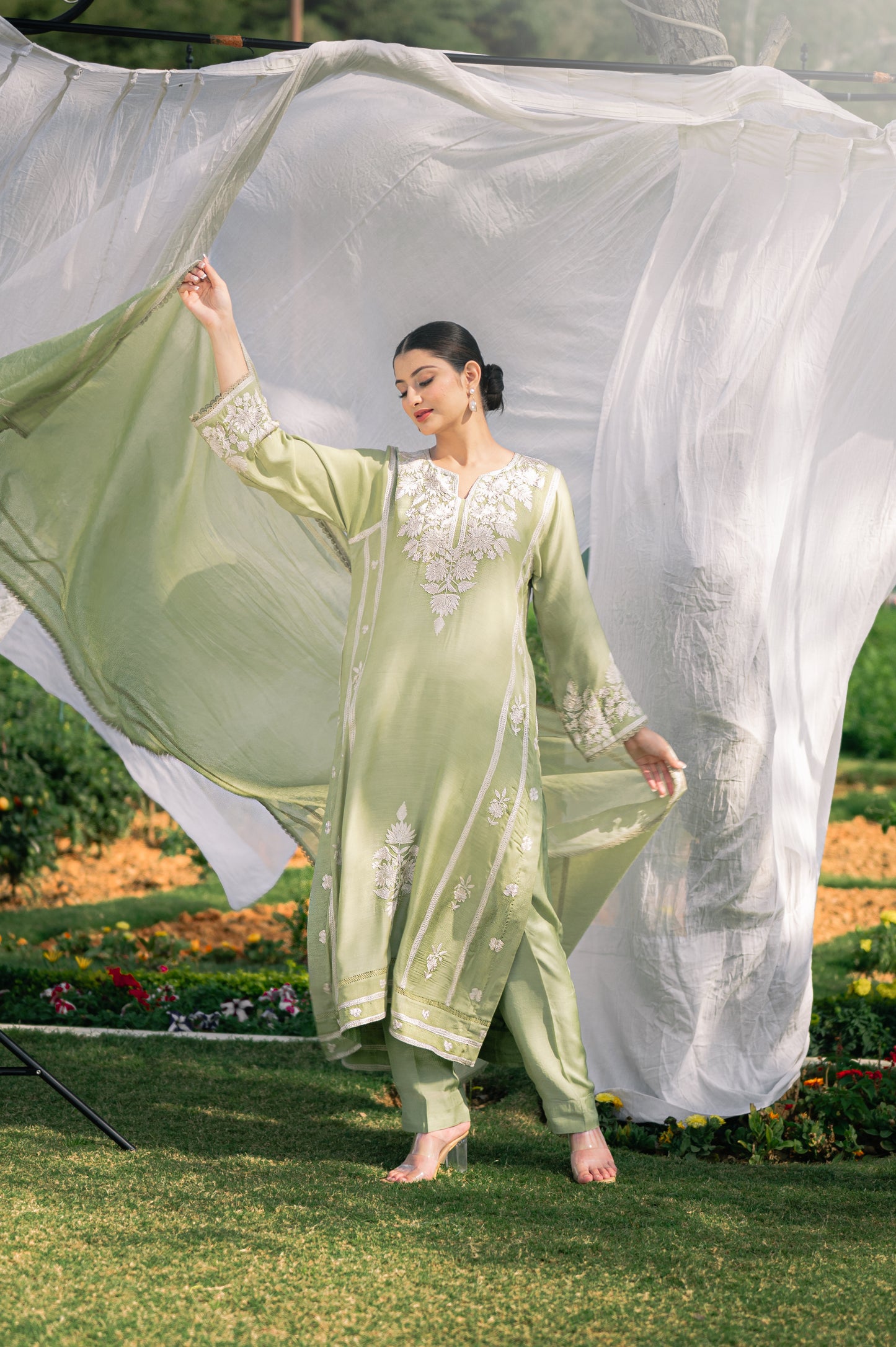 Mint green muslin suit with aari embroidery