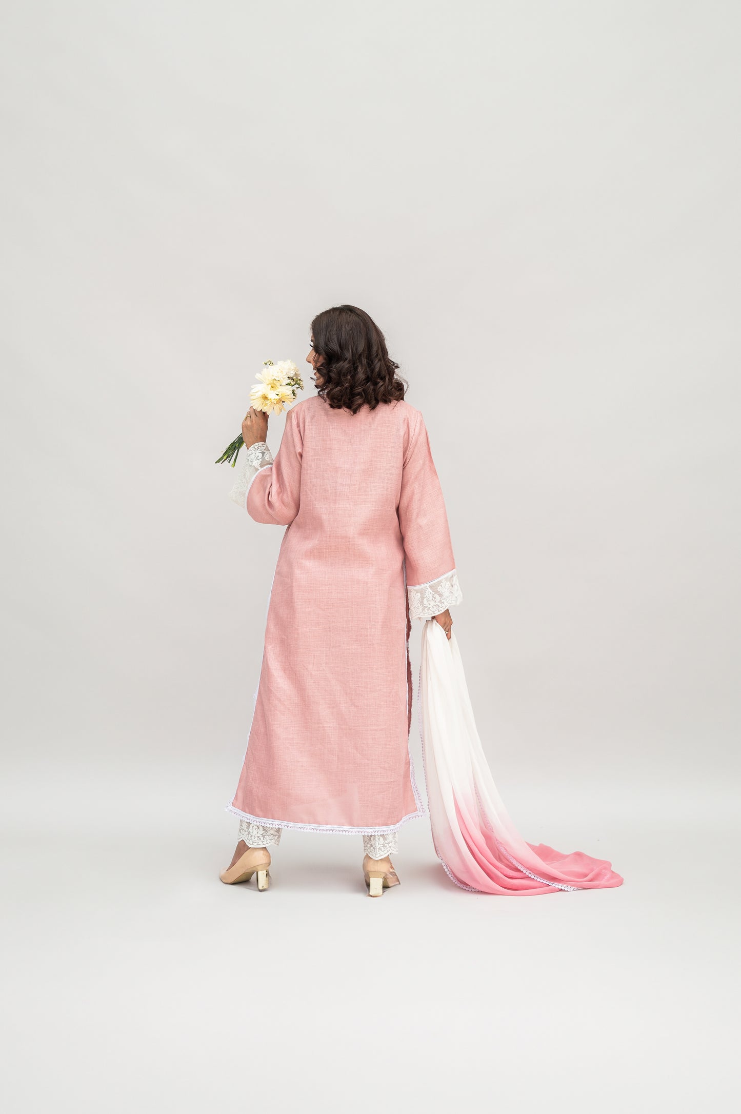 Powder Pink Linen Suit with Ombre Dupatta