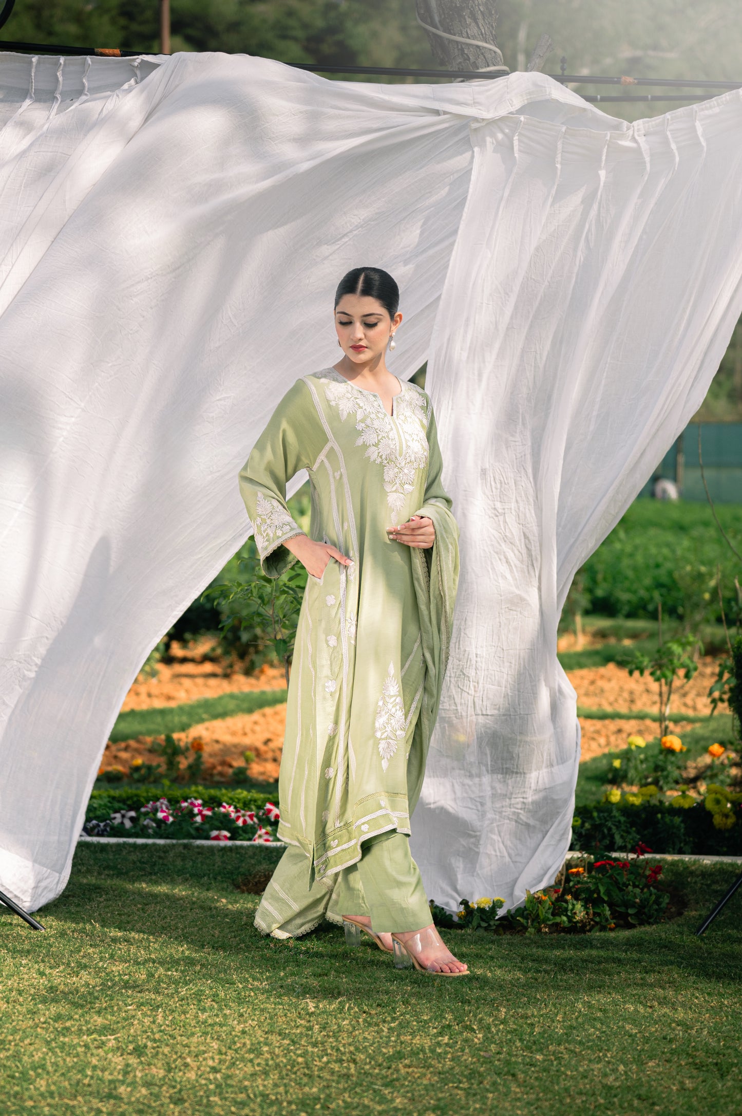 Mint green muslin suit with aari embroidery