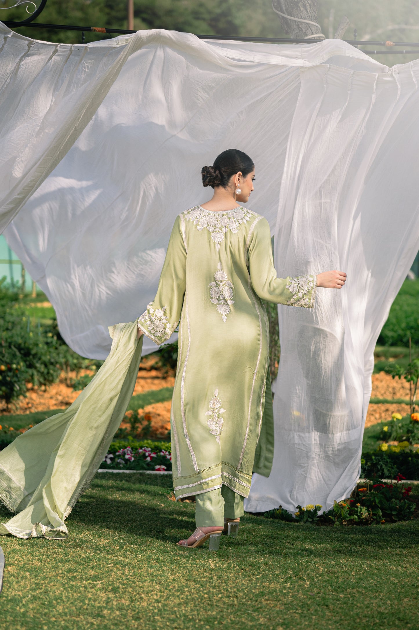 Mint green muslin suit with aari embroidery