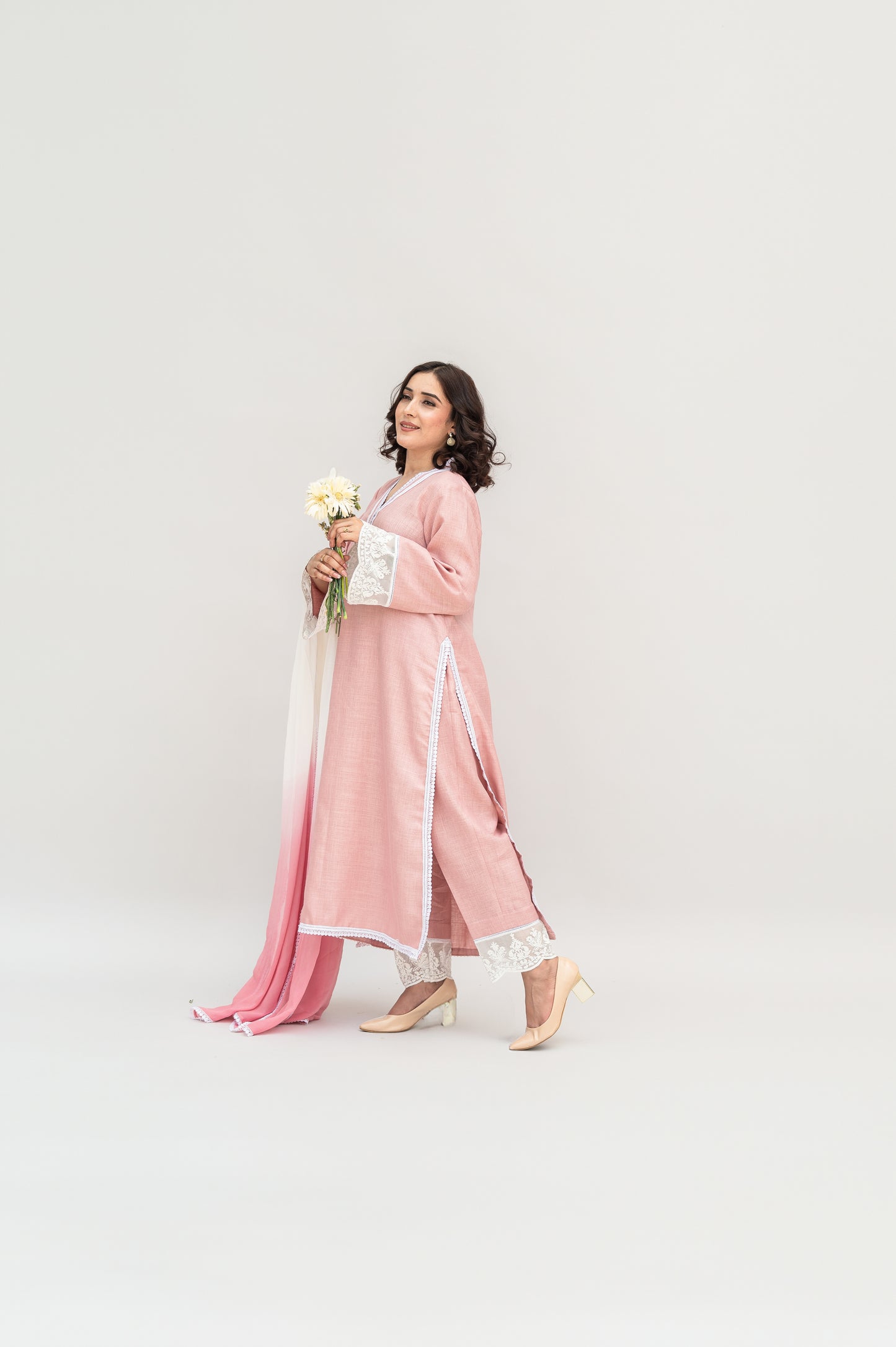 Powder Pink Linen Suit with Ombre Dupatta