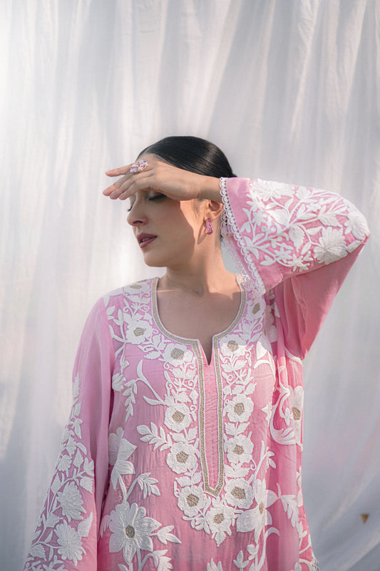 Light pink organza suit with aari embroidery