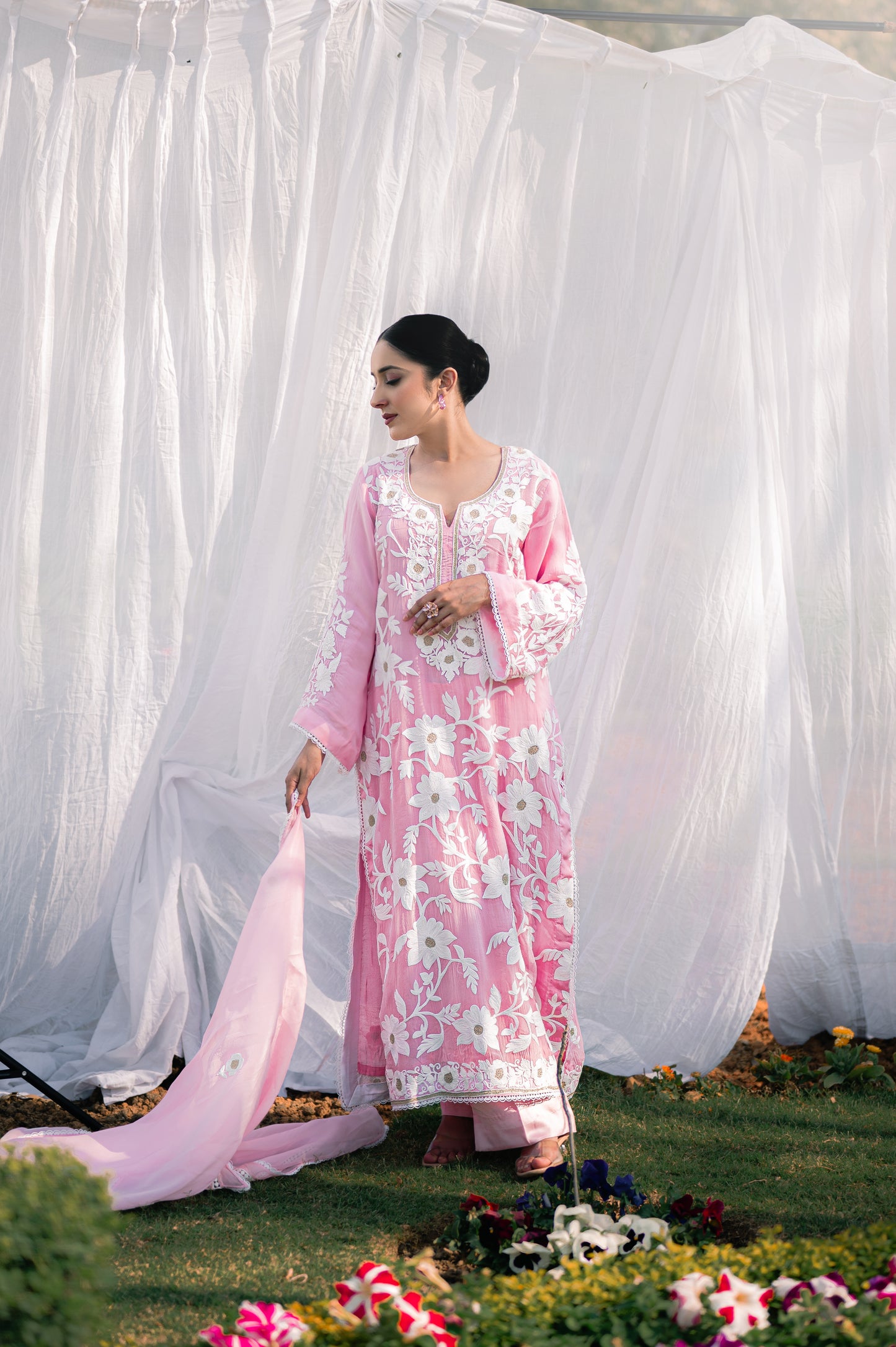Light pink organza suit with aari embroidery