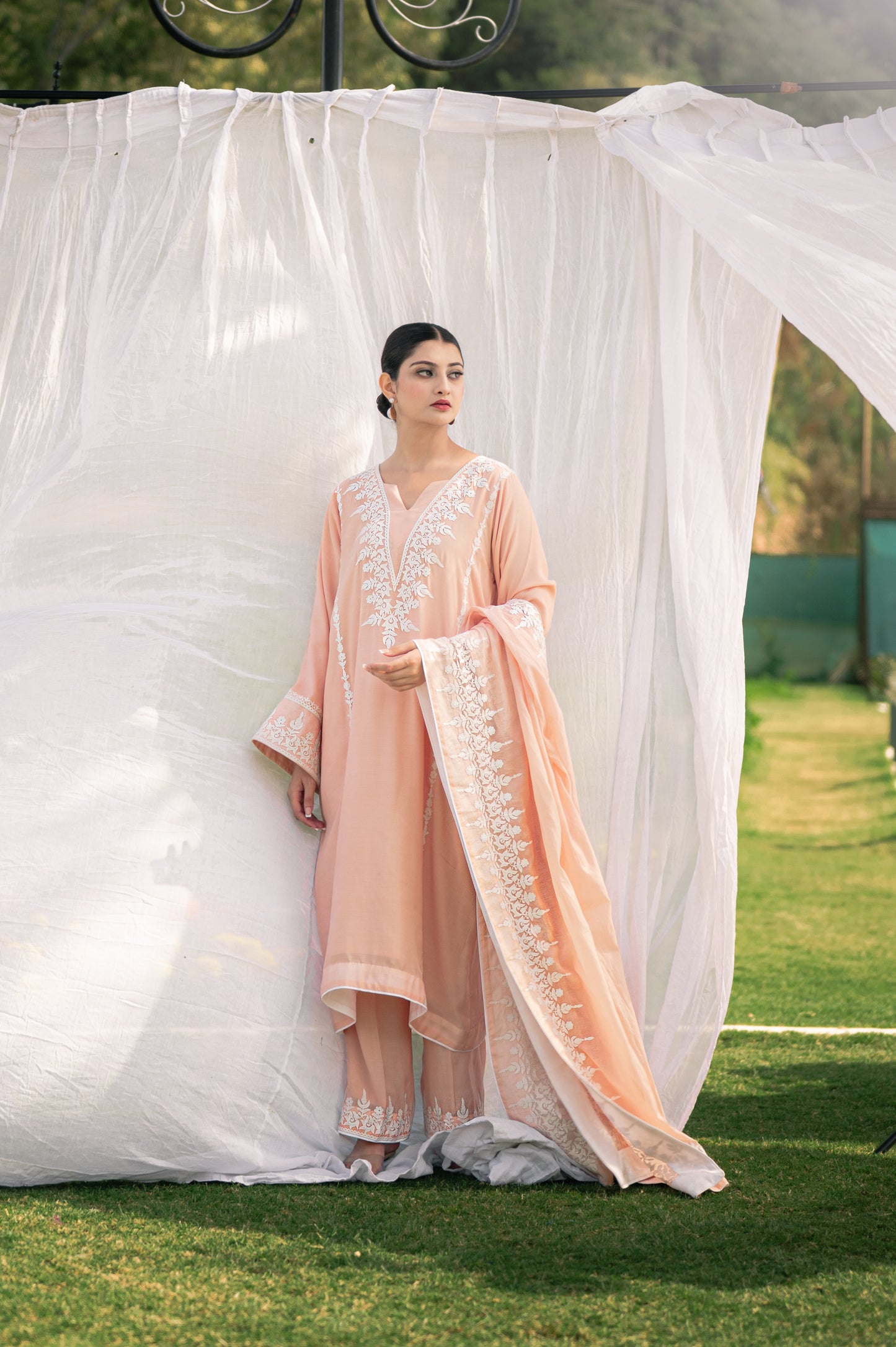 Light peach muslin suit with aari embroidery