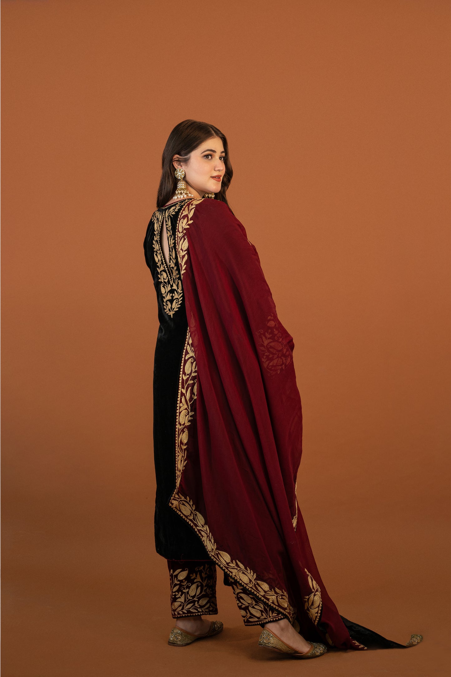 Black & Maroon velvet aari tilla suit