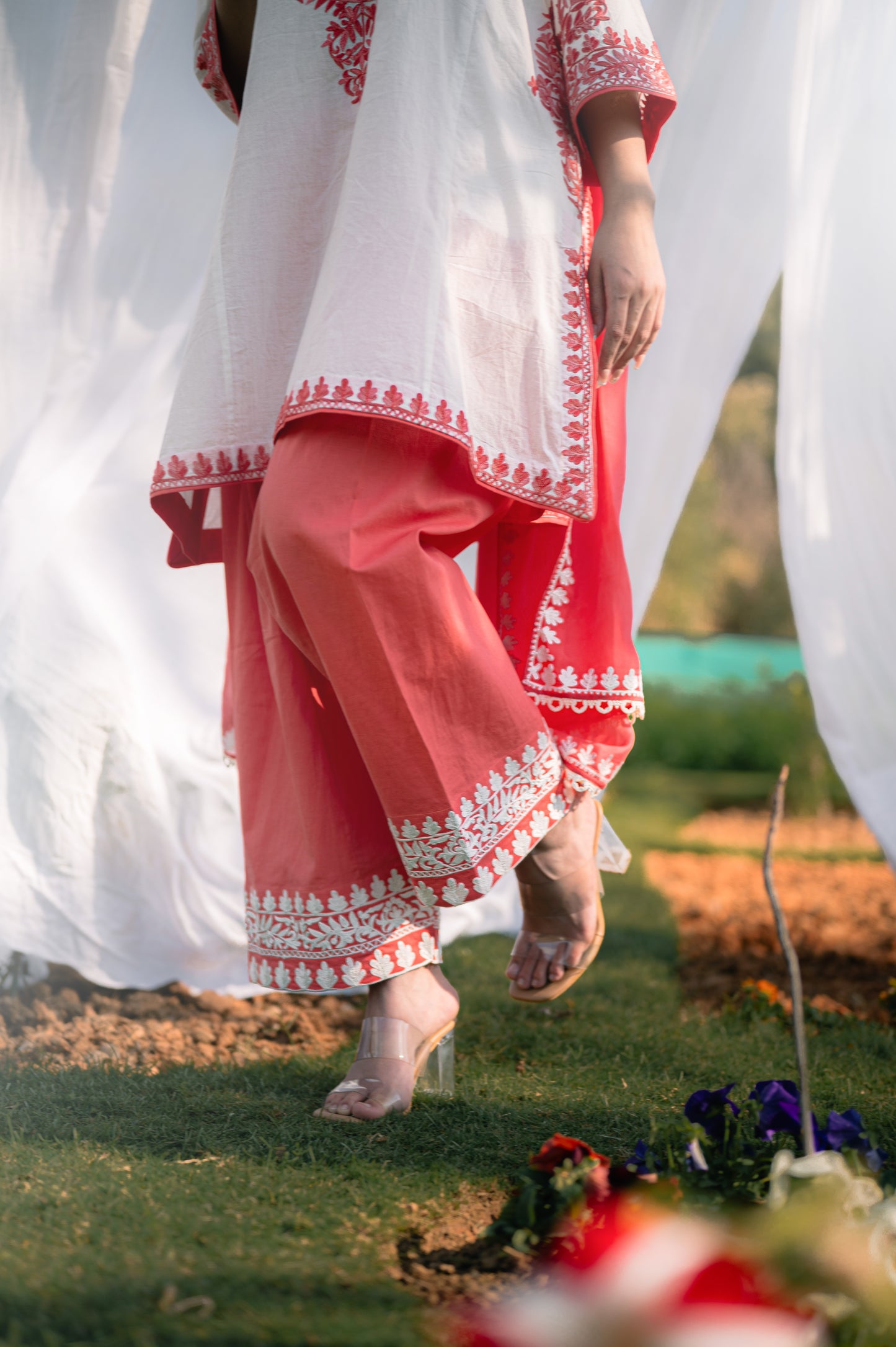Off white & peach cotton suit with aari embroidery