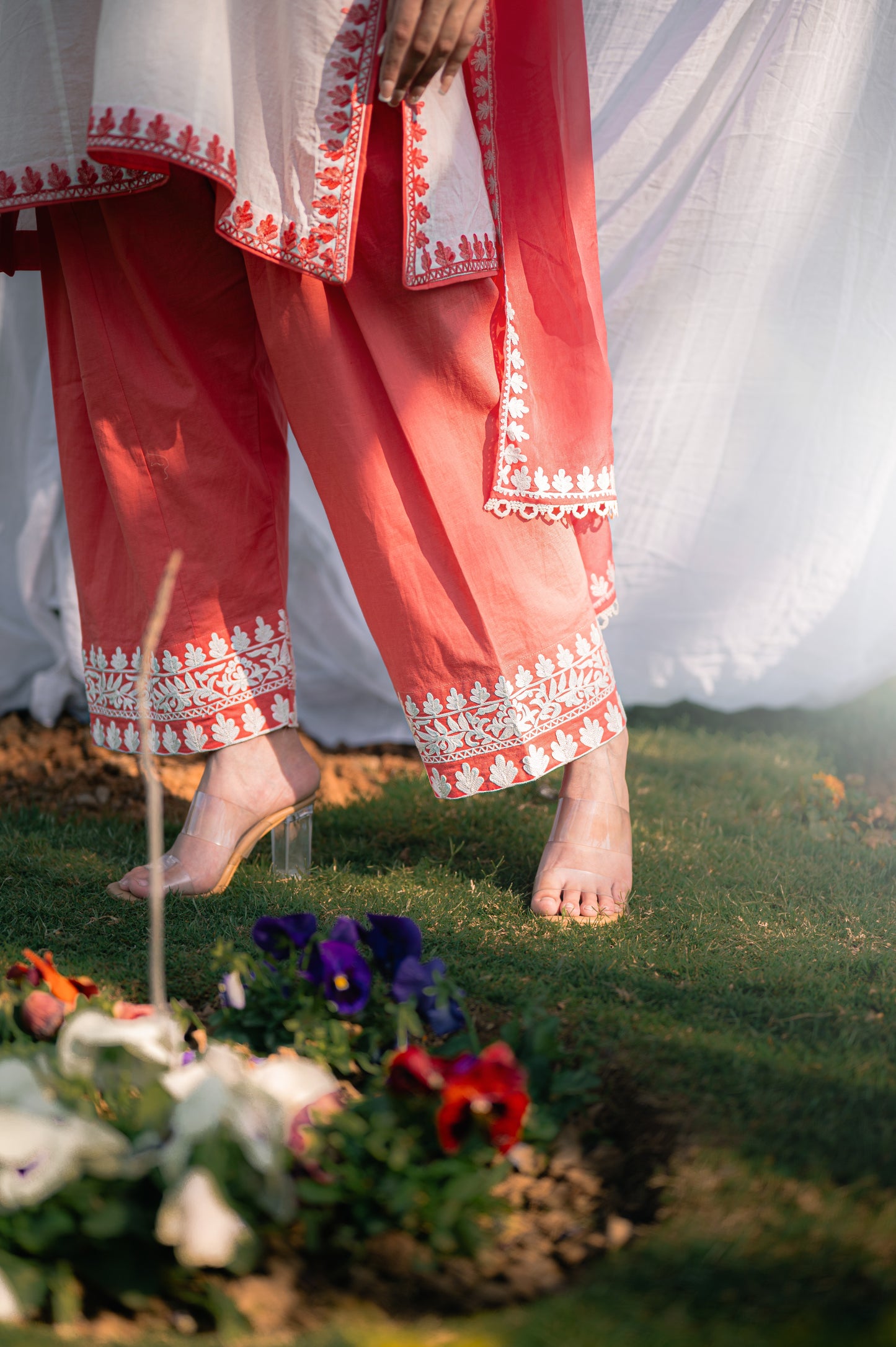 Off white & peach cotton suit with aari embroidery
