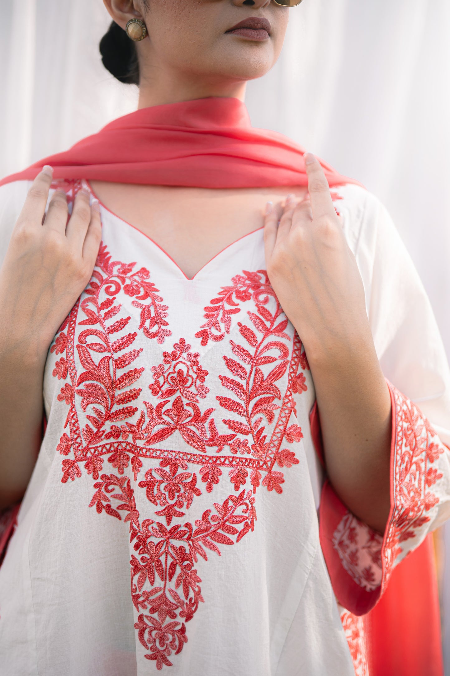 Off white & peach cotton suit with aari embroidery