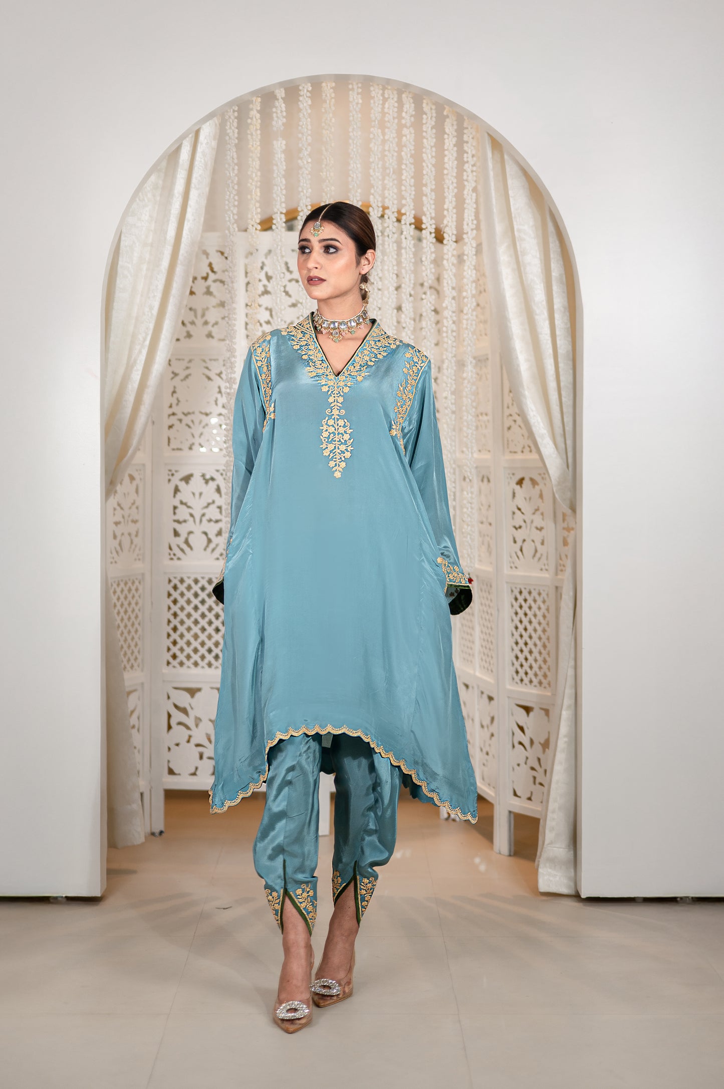 Blue Shoulder Phiran w Tulip Pants