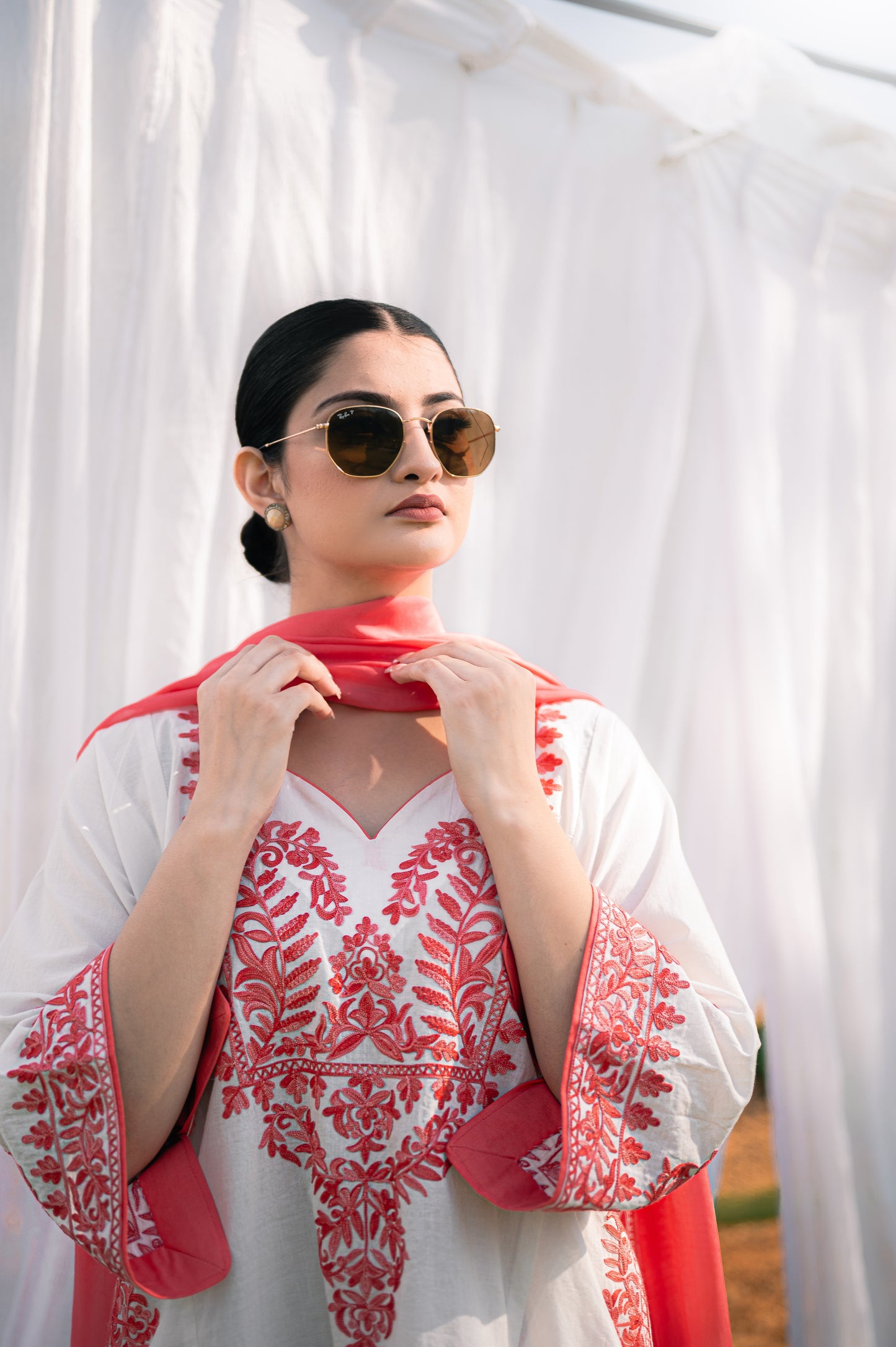 Off white & peach cotton suit with aari embroidery