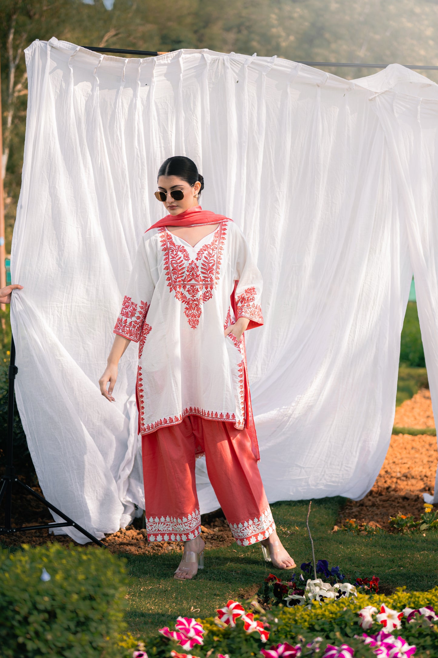 Off white & peach cotton suit with aari embroidery