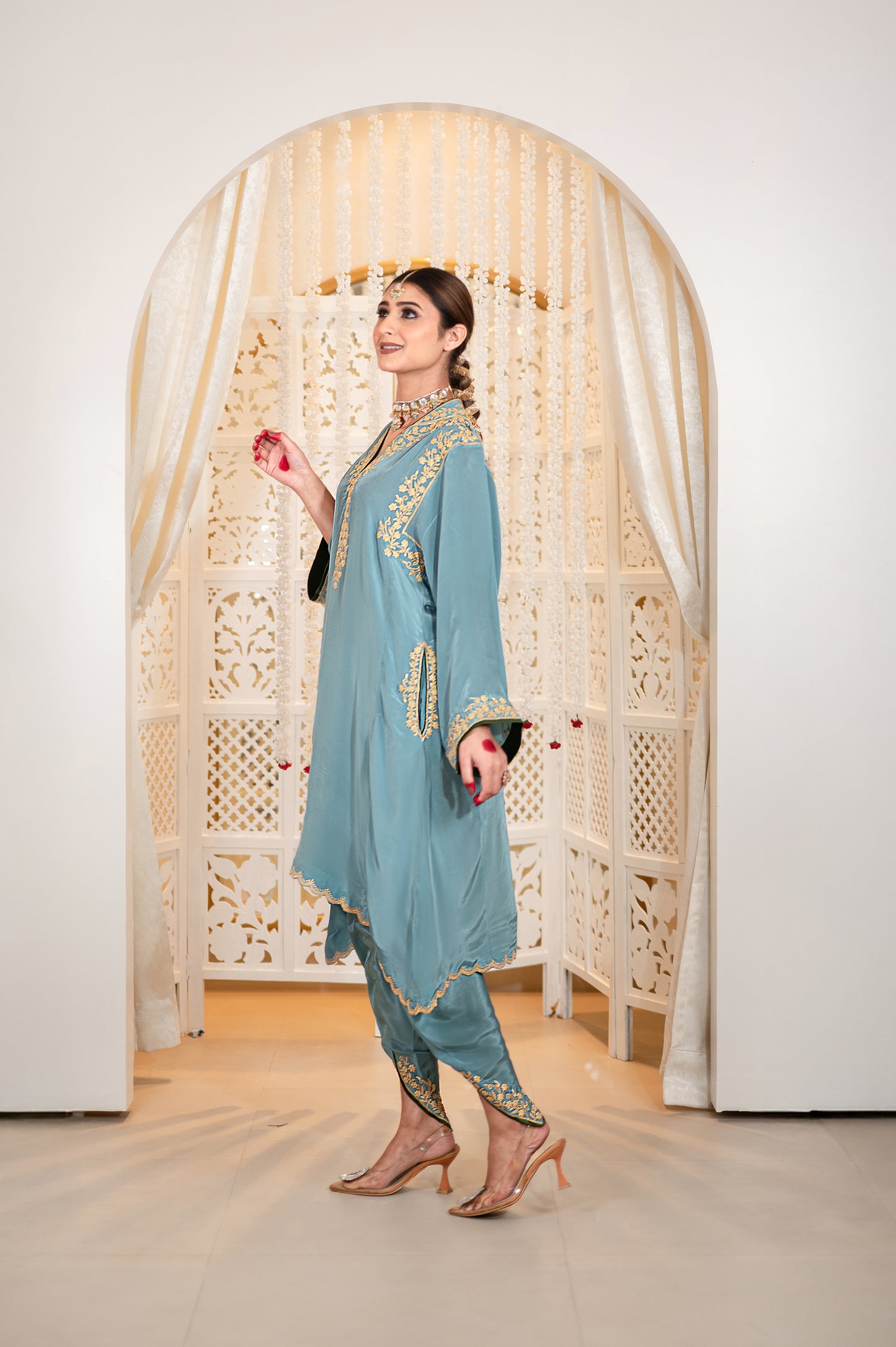 Blue Shoulder Phiran w Tulip Pants