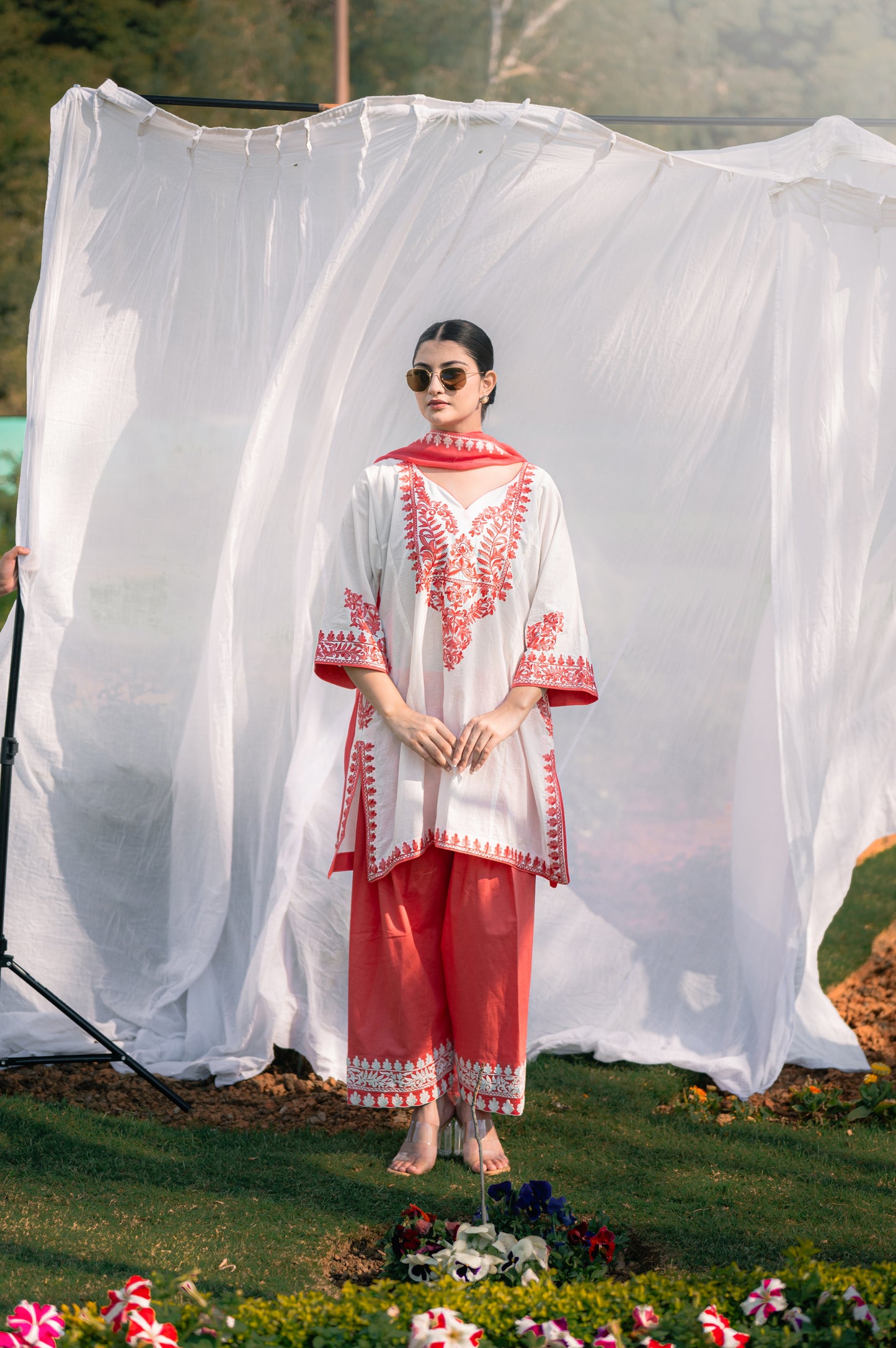 Off white & peach cotton suit with aari embroidery