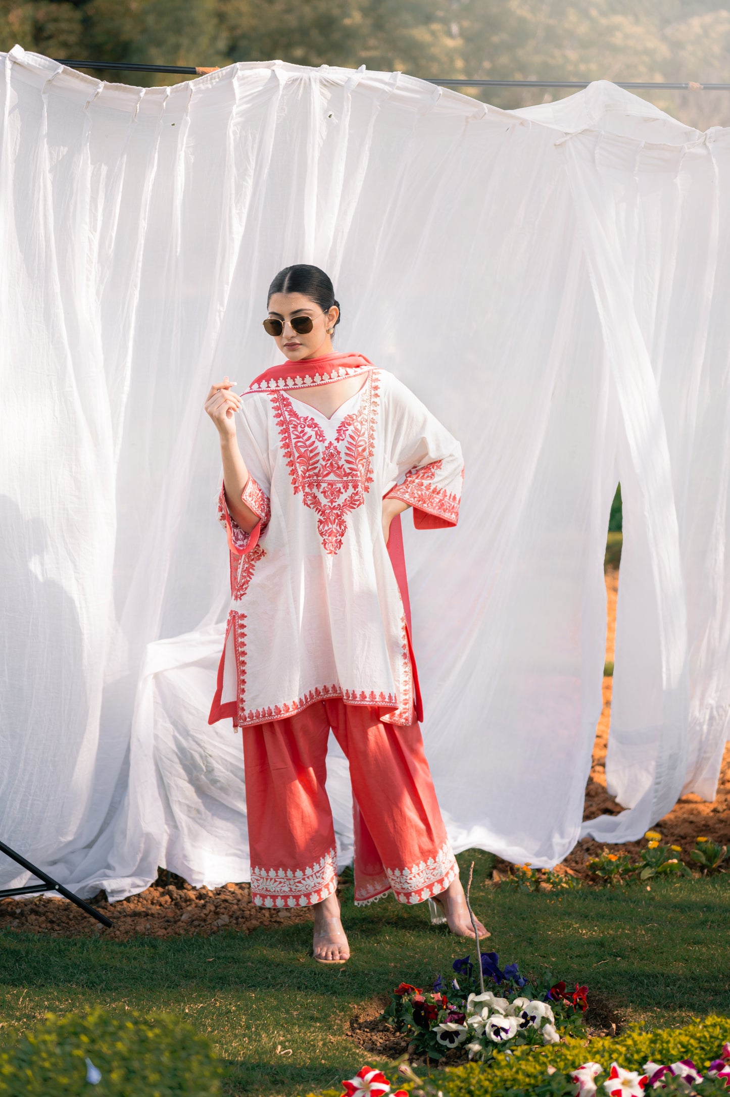 Off white & peach cotton suit with aari embroidery