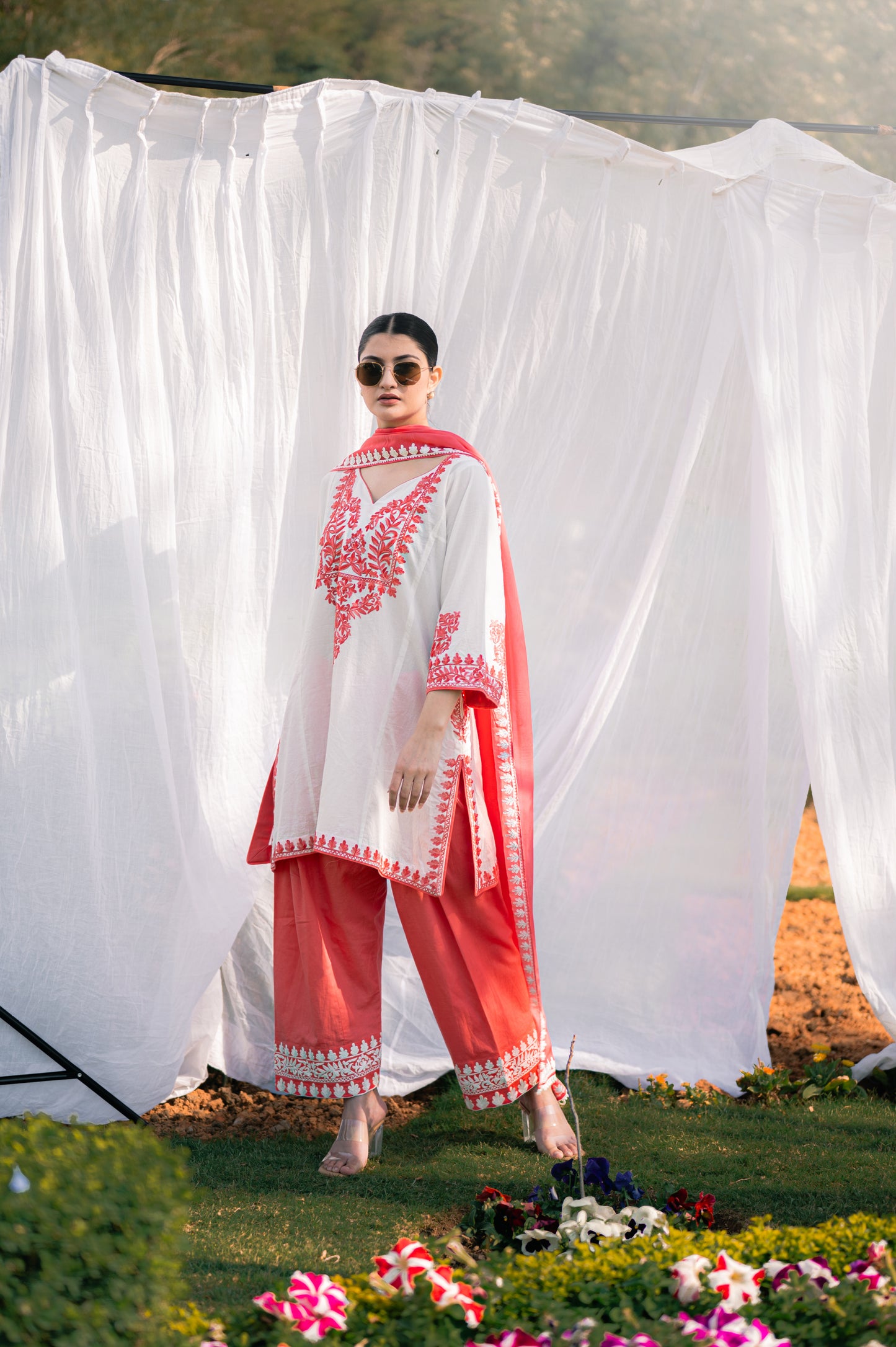 Off white & peach cotton suit with aari embroidery