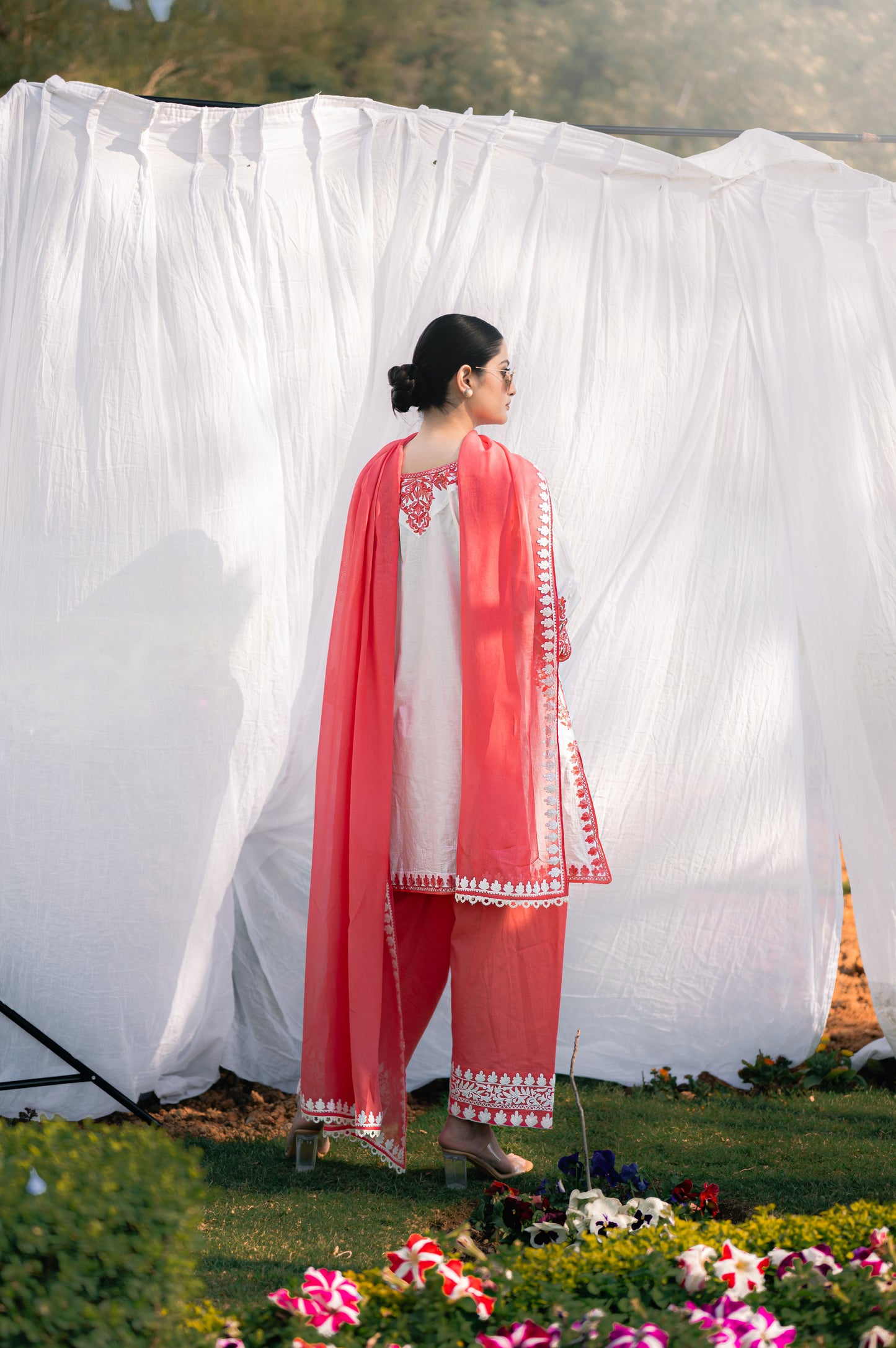 Off white & peach cotton suit with aari embroidery